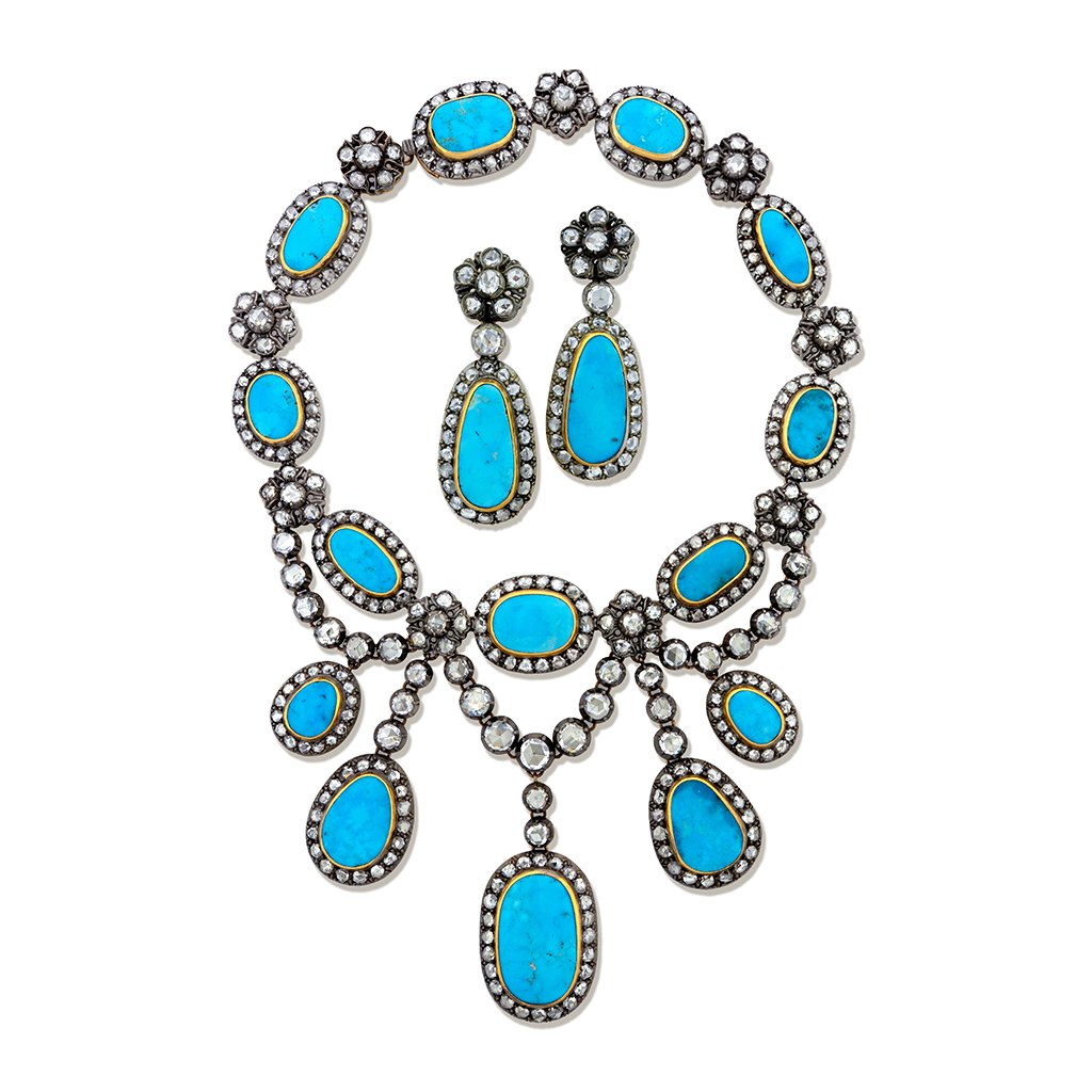 Antique Turquoise and Diamond Fringe Necklace, circa 1900