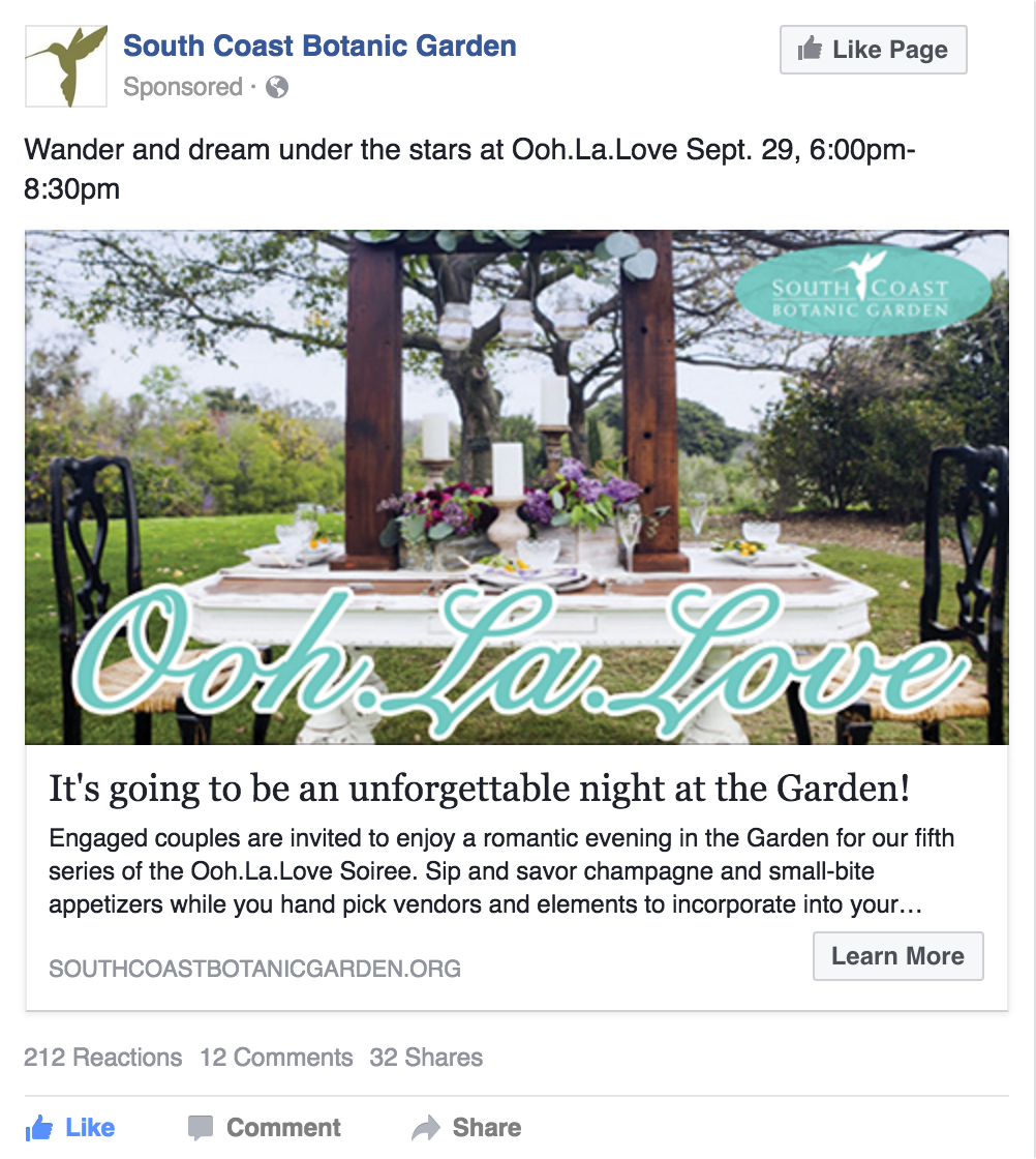 Facebook Advertising for 1 night event at South Coast Botanic Garden