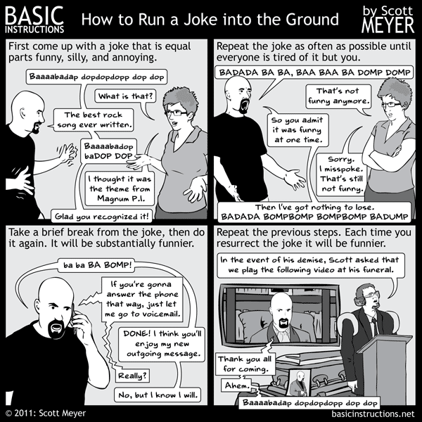 Some strips come easy. Others take work. I struggled with the original idea for this one for days, then threw most of it away when I sat down to actually write it. Then I struggled to rewrite it for a long time. When I finally got to the assembly phase, I dug into the archives to get the funeral artwork. You can only imagine my delight when I discovered I'd gone to all that trouble to rewrite a strip I wrote over three years ago . Expect a few reruns next week. I'm taking this as a sign that I need a break.