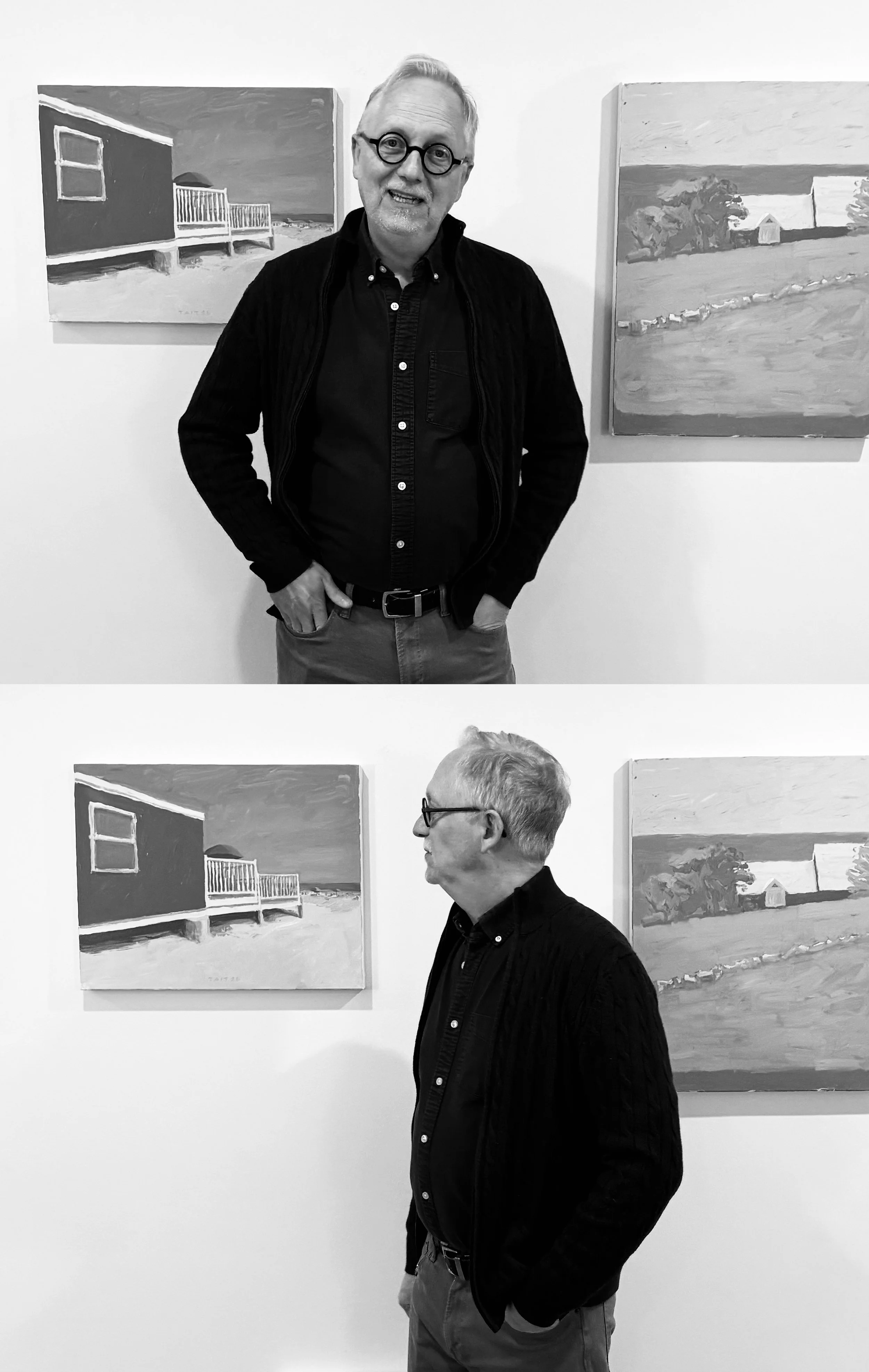 Two black & white photographs of artist, Tim Tait, standing in front of two Block Island paintings. Photos by Johanna Brooks-Tait