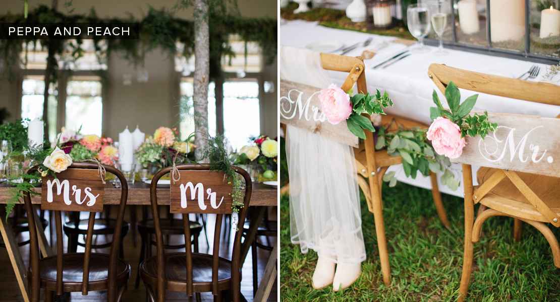 Personal touches on the backs of your dinner chairs or at guest check-in signs create more excitement on the big day. Whether it’s a simple, “Mr. & Mrs.” sign or something more elaborate, make it personal and appropriate for you as a couple.