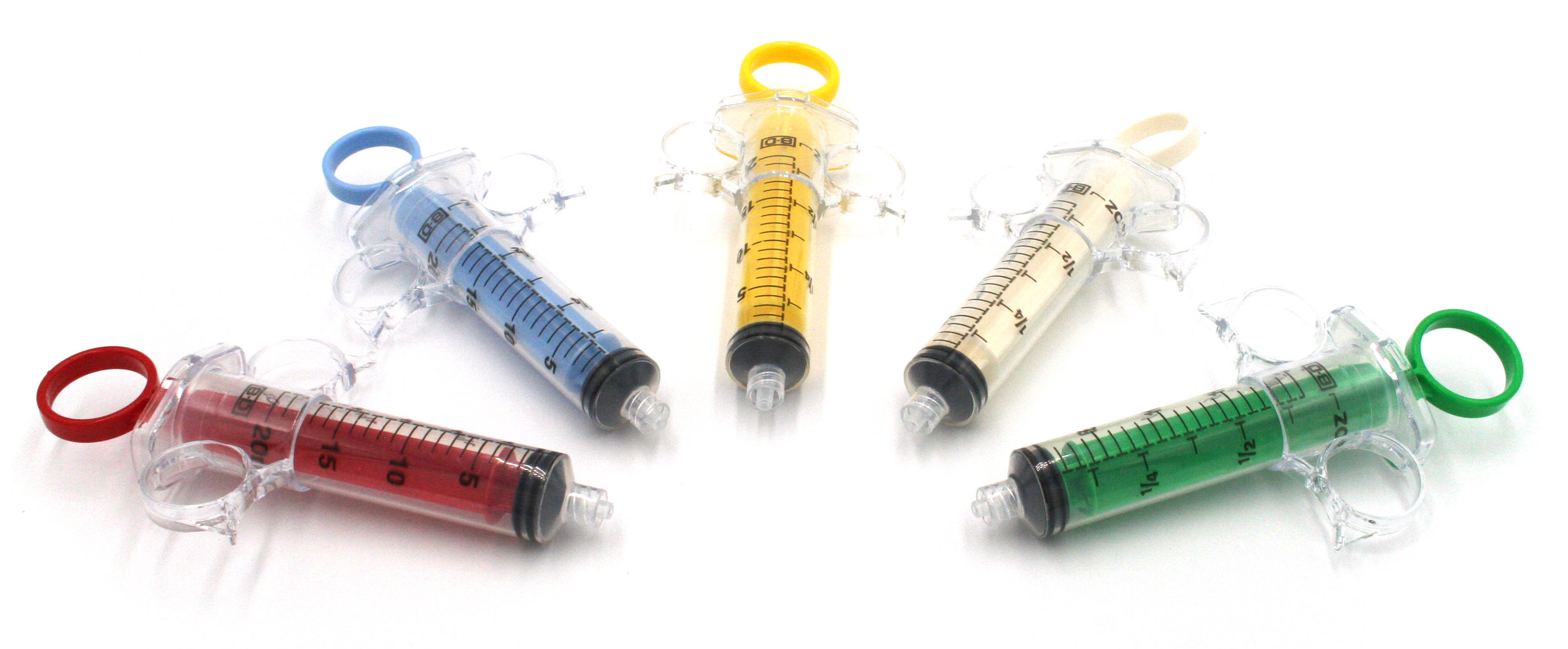 20cc non-autoclavable thumb ring control syringe suite shown in red, blue, yellow, white, and green