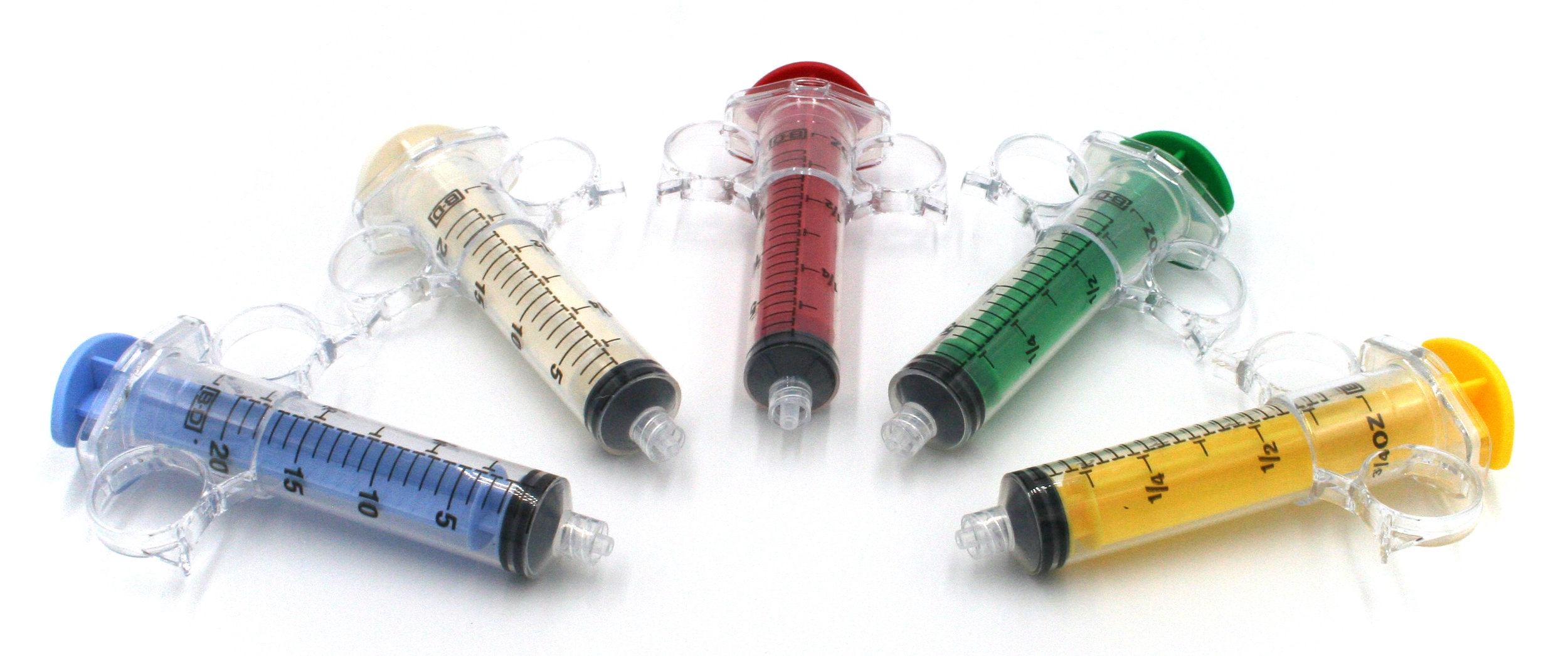 20cc palm pad control syringe suite shown in blue, white, red, green, and yellow