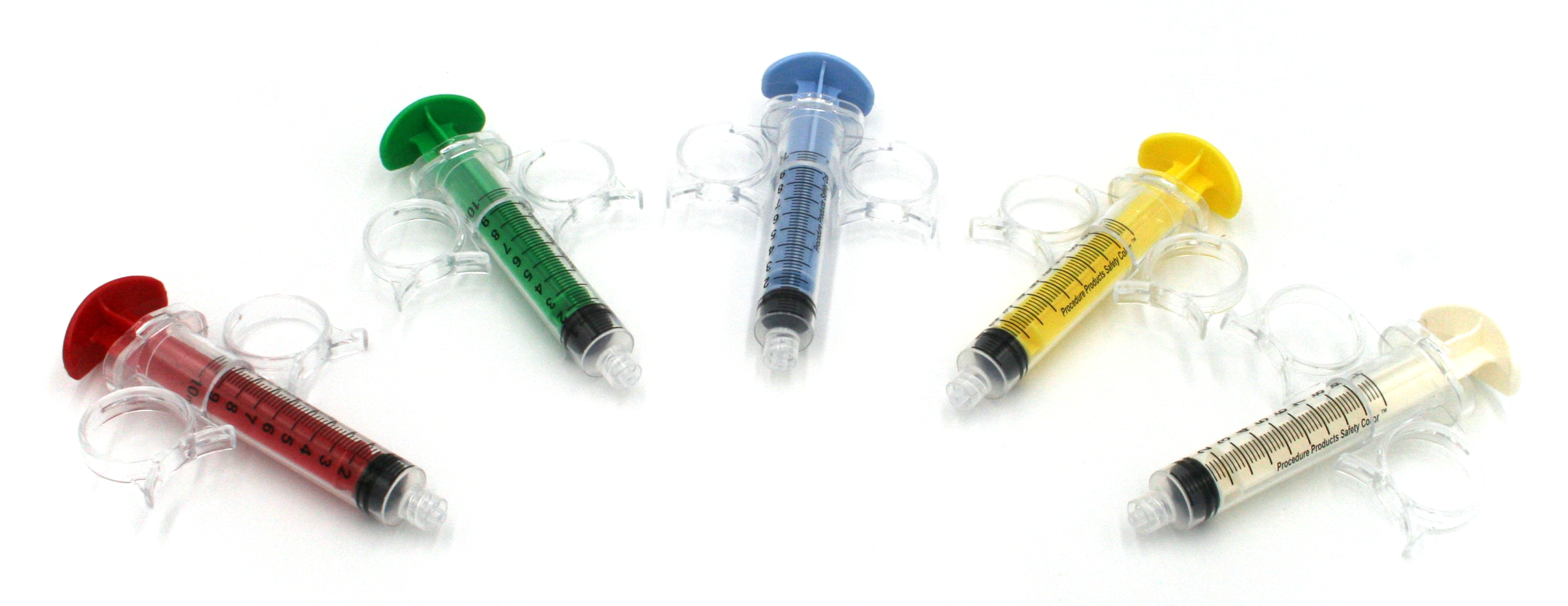 10cc palm pad control syringe suite shown in red, green, blue, yellow, and white
