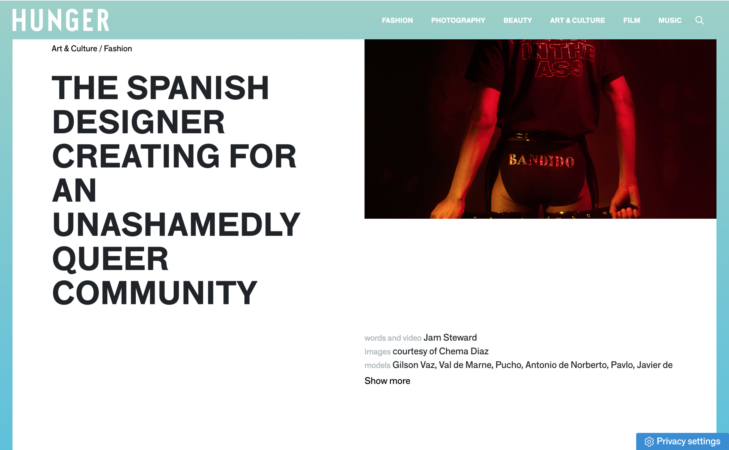 HUNGER MAGAZINE - "THE SPANISH DESIGNER CREATING FOR AN UNASHAMEDLY QUEER COMMUNITY"