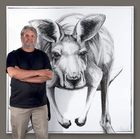 Michael Chorney with Portrait of Kangaroo No 8, 2015, conte and graphite on frame stretched paper, 172 x 172cm