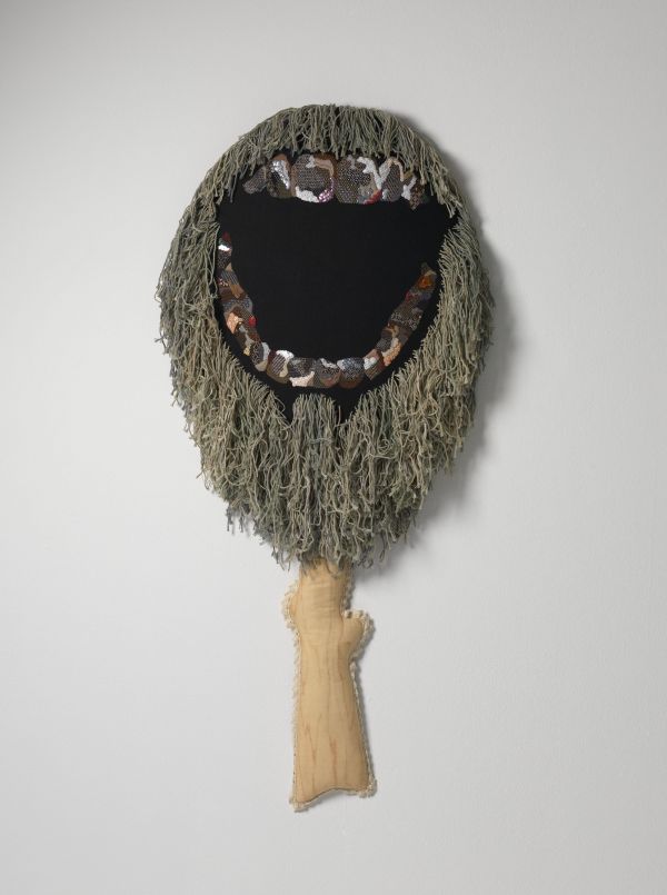  Sera Waters,  Going Bush: Beardo , &nbsp;linen, crewel, cotton, beads &amp; sequins, hand-dyed cotton string, 120 x 57 x 10cm. Photograph courtesy of the artist and Hugo Michell Gallery, Adelaide. 