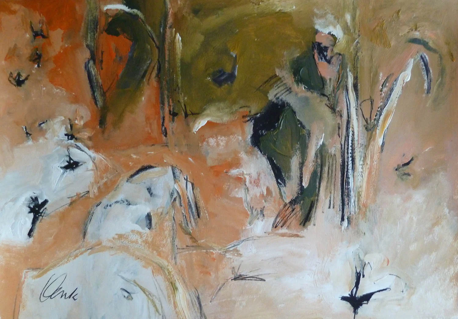 Irma Denk, In the Artist's Garden with Birds , 2016, acrylic and charcoal on paper, 82cm x 67cm.