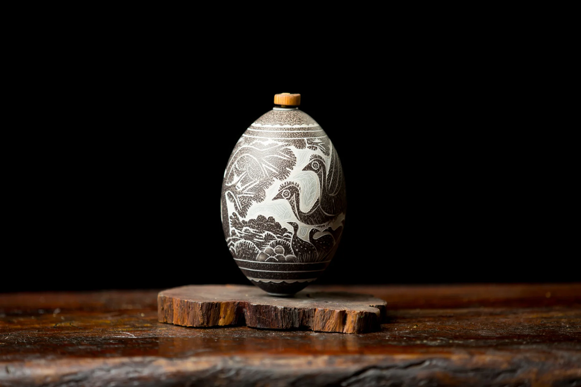   Carved Emu Egg,&nbsp; Bluey Roberts, date unknown, Ngarrindjeri carved emu egg with emu designs, Camp Coorong. Photo Johanis Lyons-Reid 