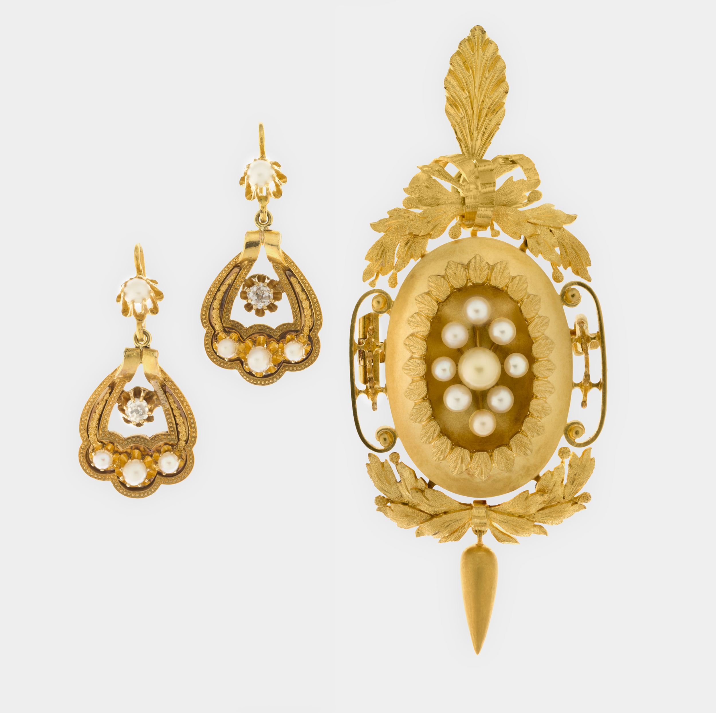   Henry Steiner,&nbsp;  Pendant/brooch and pair of ear pendants set, in fitted case &nbsp;c.1870.&nbsp;18 carat gold, seed pearls, diamonds.&nbsp;National Gallery of Australia, Canberra.&nbsp;Purchased 2012 