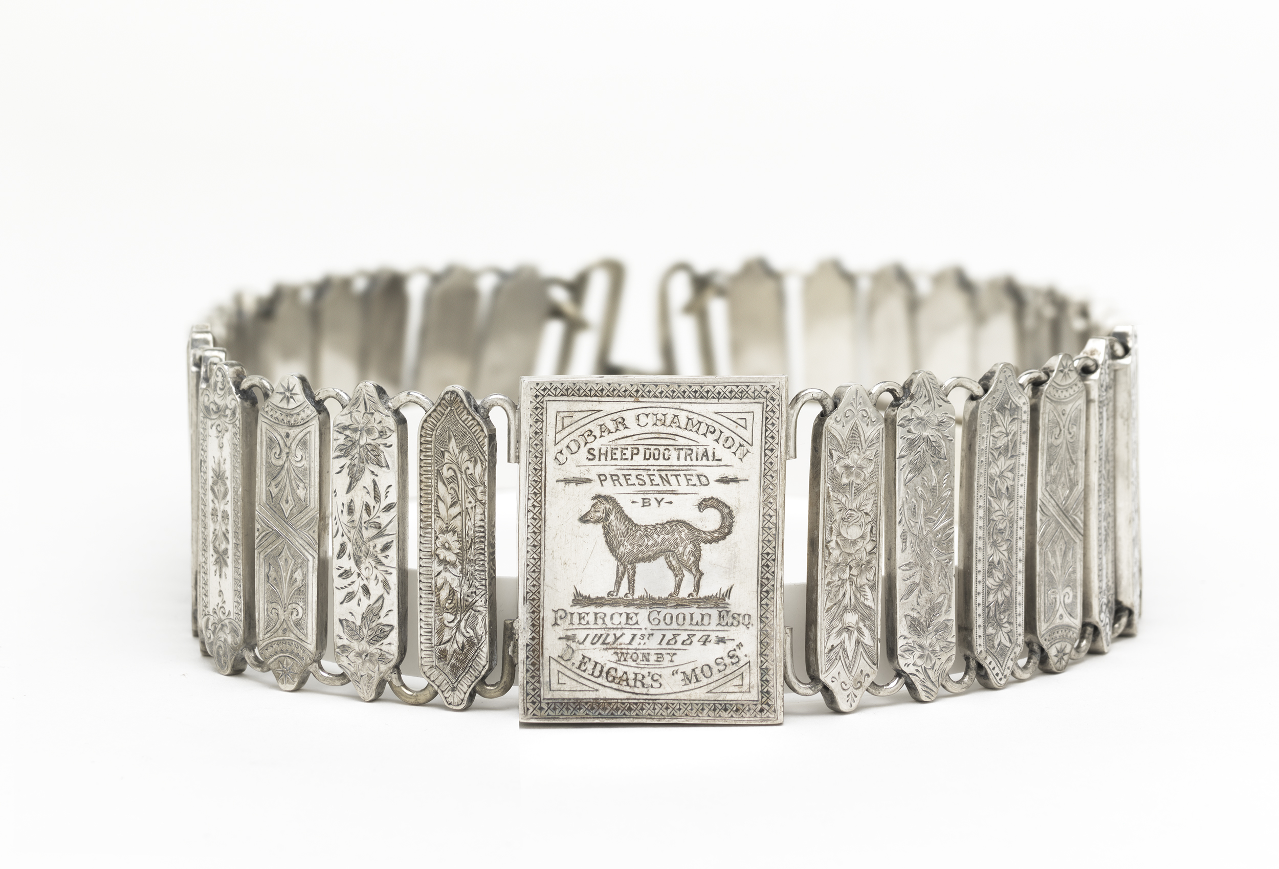   Unknown Australian silversmith,&nbsp;  Cobar Champion Sheep Dog Trial trophy collar &nbsp;c.1884,&nbsp;engraved silver.&nbsp;National Gallery of Australia, Canberra. Purchased 2008 