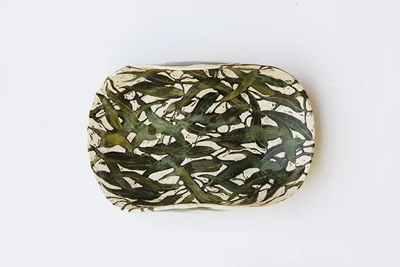Gerry Wedd, Strange Fruit Bowl, 2016, handbuilt, coloured slip, coloured slip decoration, 1220ºC. Dimensions 80x290x190mm. Photo Andrew Cowen.
