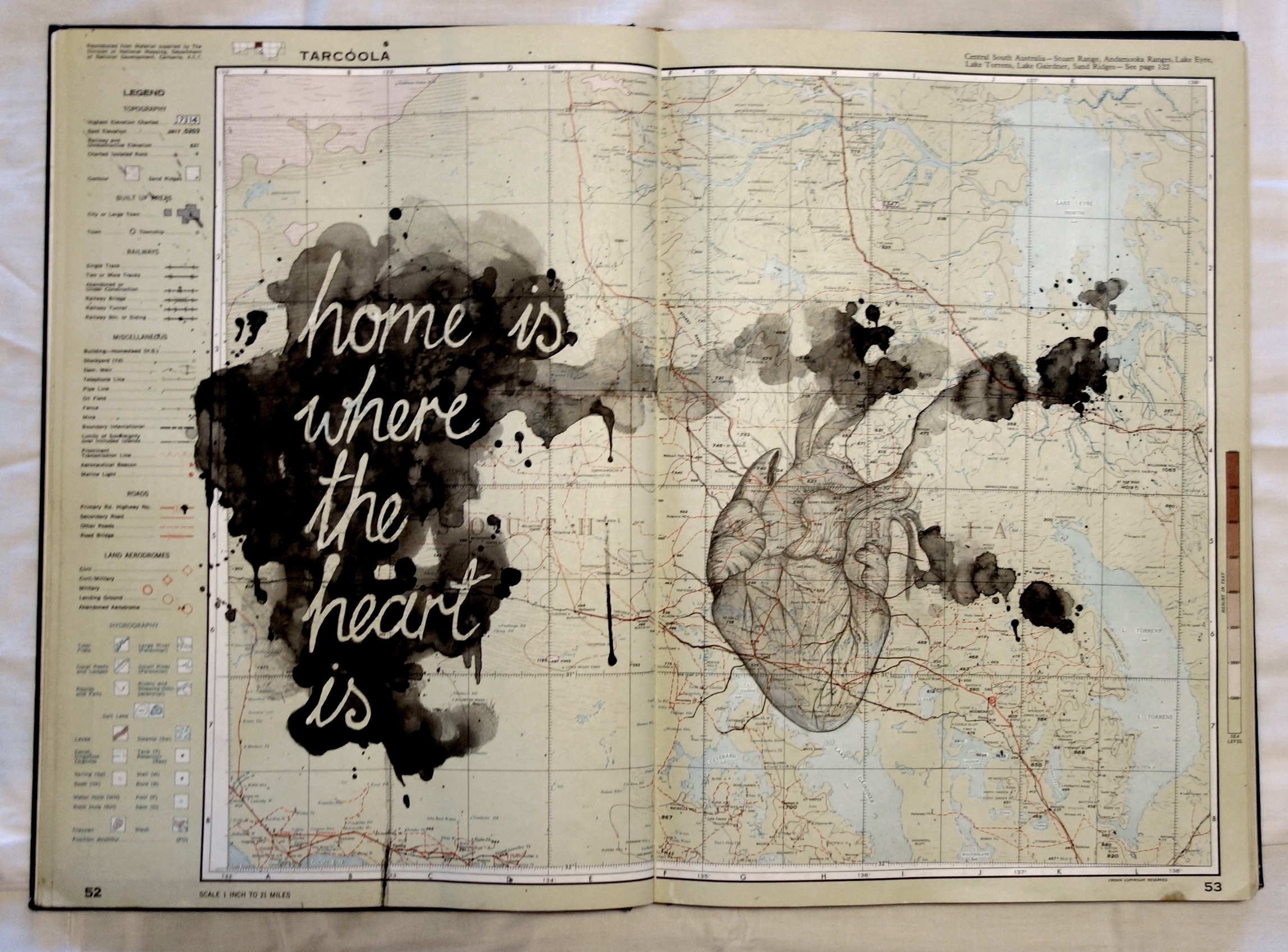  Gabi Lane,  Home is where the heart is , 2017, watercolour and ink on recycled Australian Atlas, 55x40cm 