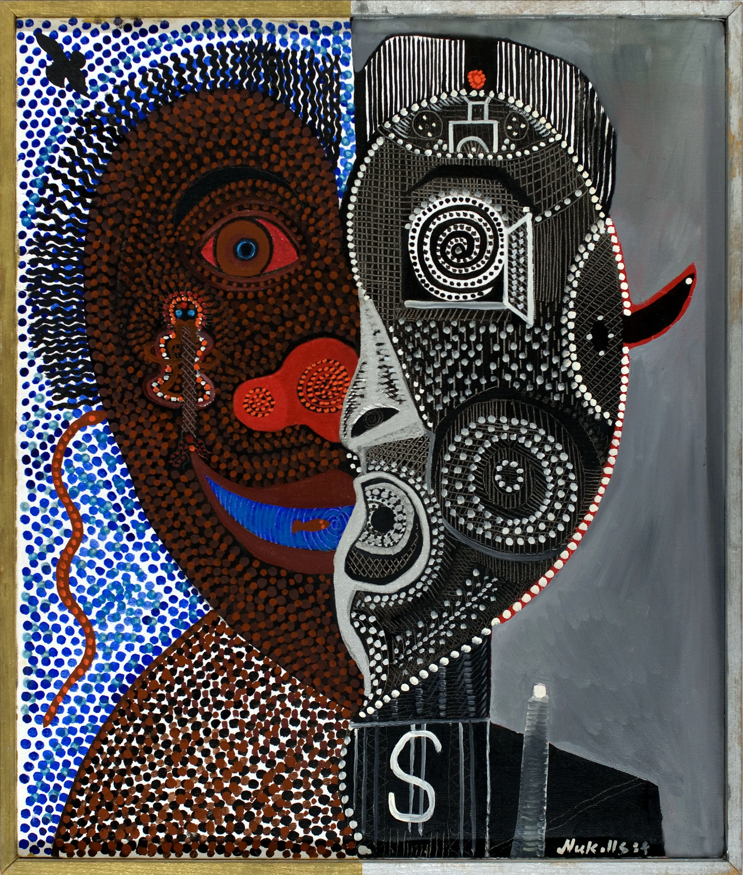 Trevor Nickolls, Machinetime and Dreamtime, 1984, synthetic polymer paint on canvas, 68.5 x 58.2 cm, Flinders University Art Museum Collection 2881. © Trevor Nickolls/Copyright Agency, 2018.