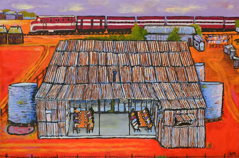 Kunyi June Anne McInerney, Mission Buildings with Dining Area , 2017, acrylic on canvas, 61 x 91 cm. On loan from the Migration Museum, a division of the History Trust of South Australia. Image courtesy of the artist.