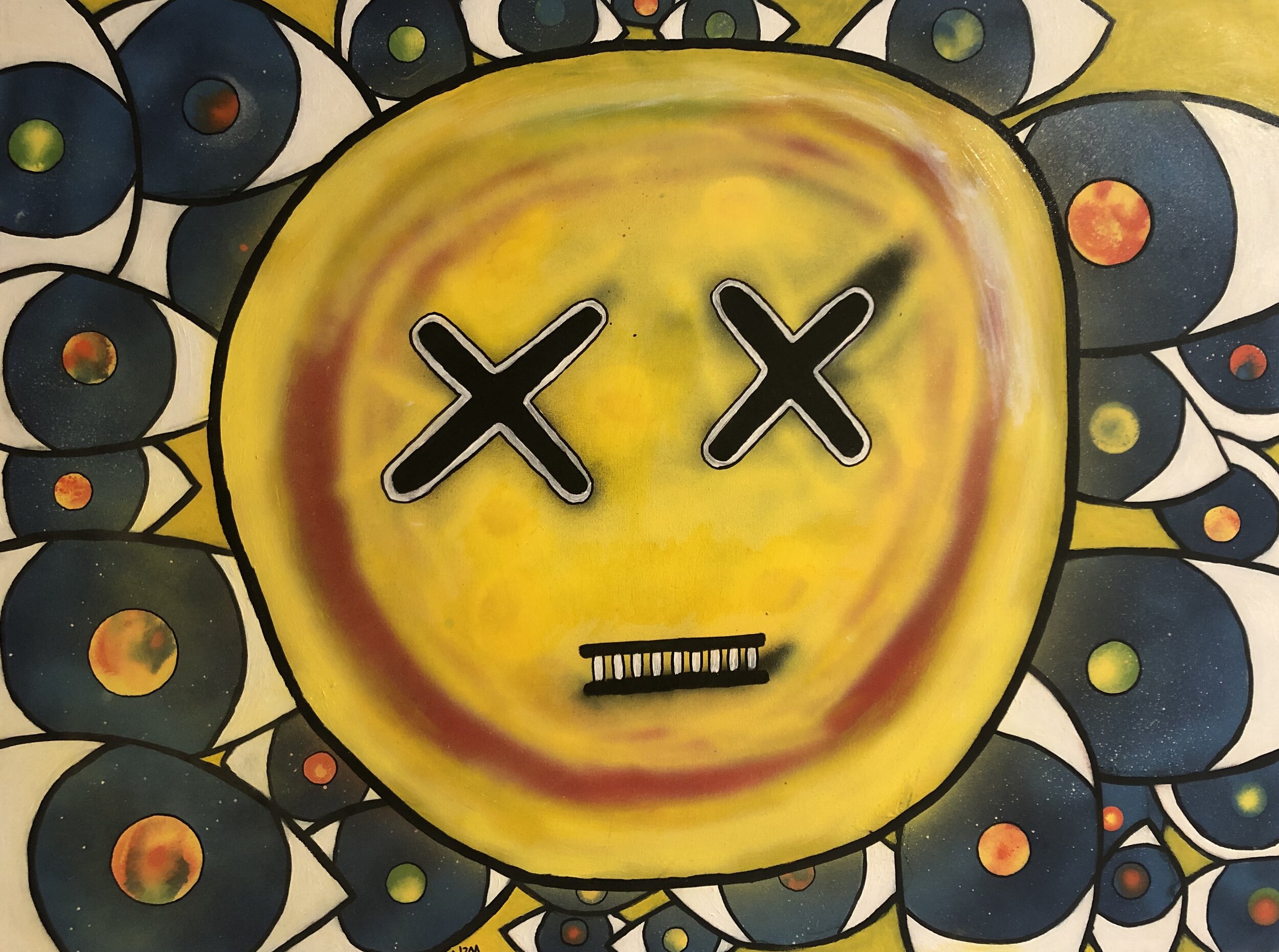 Nathan Modra,  Eyes in the Universe , 2019, acrylic and spray paint on canvas, 75 x 99.5 cm. Photo: Michelle Dohnt