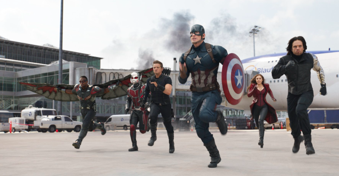 Titles: Captain America: Civil War People: Chris Evans , Elizabeth Olsen , Jeremy Renner , Paul Rudd , Anthony Mackie , Sebastian Stan Characters: Scarlet Witch , Steve Rogers , Falcon , Hawkeye , Ant-Man , Bucky Barnes , Winter Soldier © 2016 - Marvel Studios
