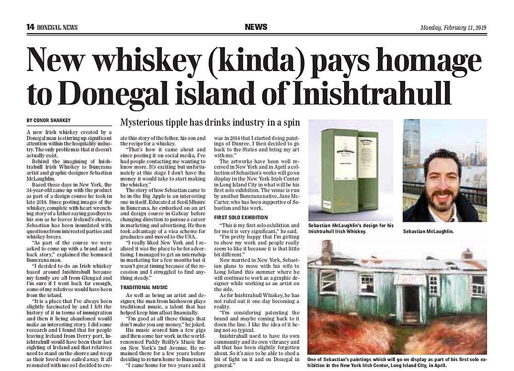 Nice little article in the paper at home regarding my whiskey design and upcoming fine art exhibition in NYC in April. #newsarticle #interview #inishtrahull #irishwhiskey #donegalnews #donegal #ireland #irishart #irishartist #irishdesign #irishdesign