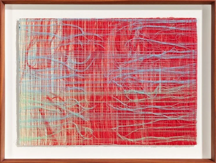    Vermilion-cream [Shot Series IV]:   2024, sewing thread, acrylic inks, paper, 37 × 49 cm    