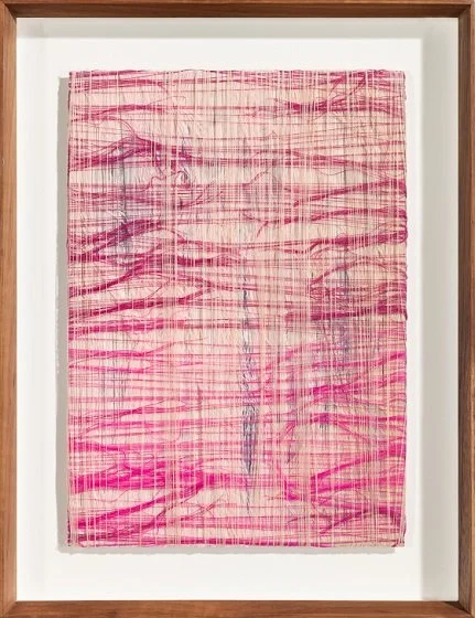    Maroon-Cerise [Shot Series IV]:   2024, sewing thread, acrylic inks, paper, 365 × 28 cm 