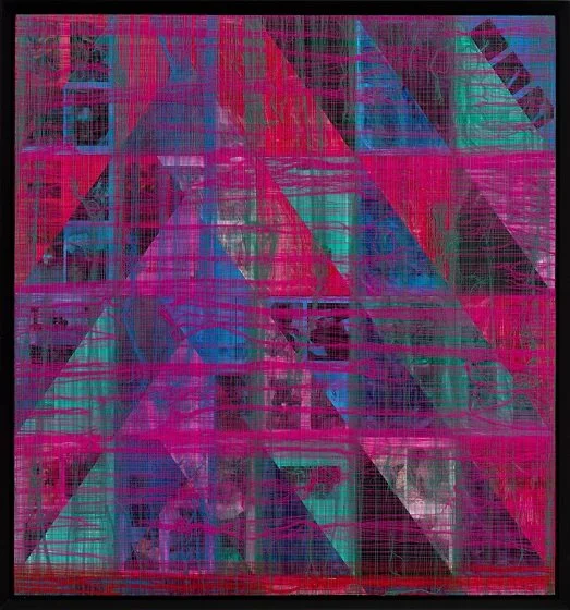    Magic Mountain [Kissing the pink series / Shot series]:   2024, sewing thread, paper, acrylic ink, board, 127.5 × 119.5 cm 