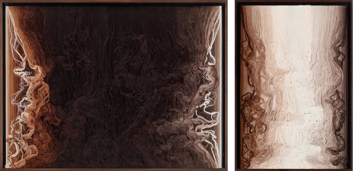    Land [Ad Hominem series]:   2024, sewing thread, board, 129 × 172 cm    Reaching Land [Ad Hominem series]:   2024, sewing thread, board, 127.5 × 88,5 cm 