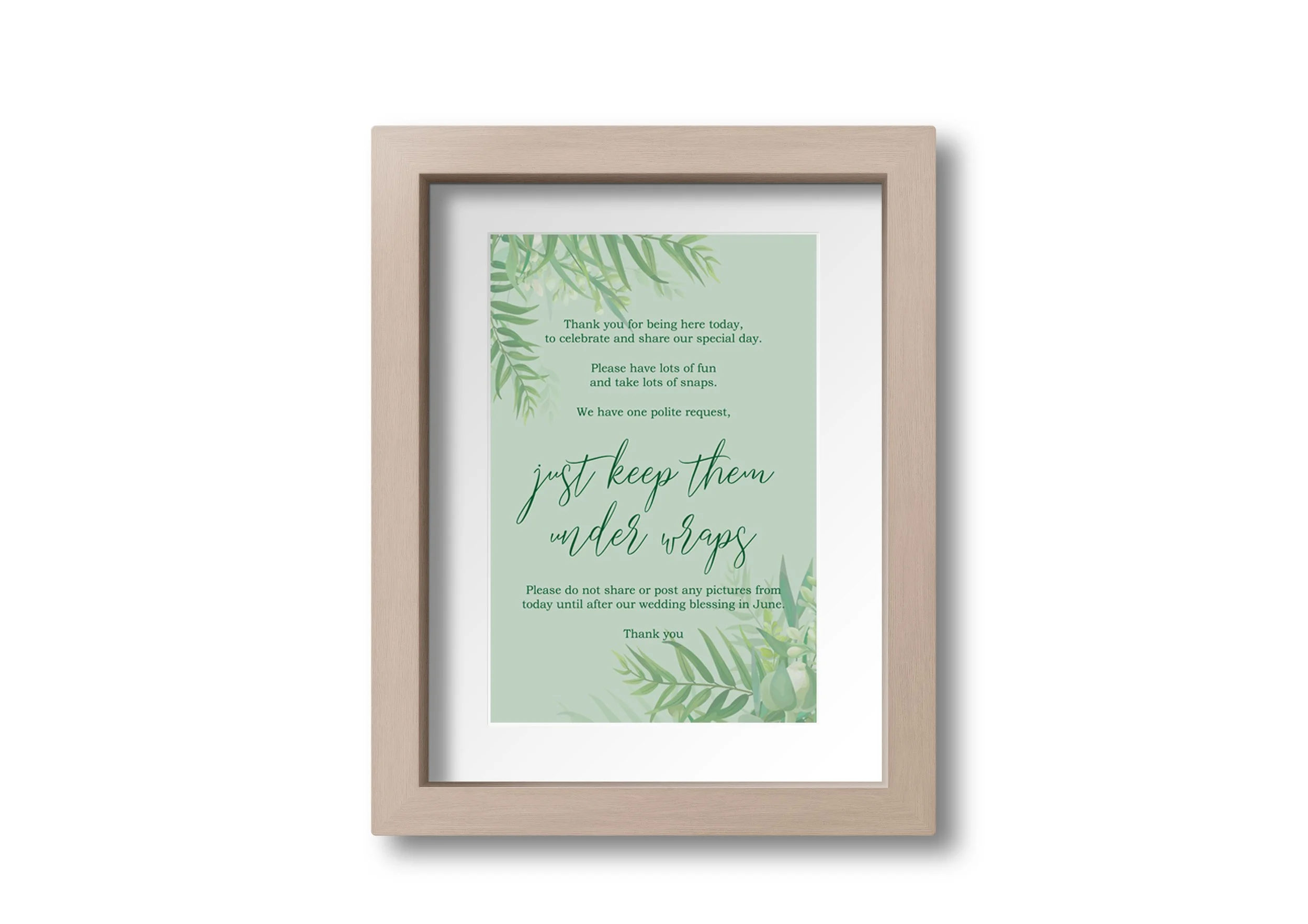  A framed note for guests about photography at the event 