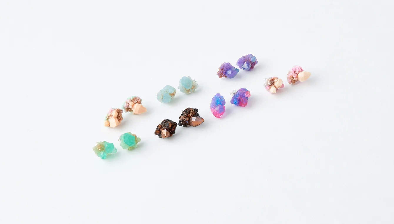 Crystal Cluster Studs, debut Geo-Alchemy collection, 2016. Resin & stering silver. Image courtesy NGV design store. Styling: Natalie Turnbull. Photography: Tomas Friml.