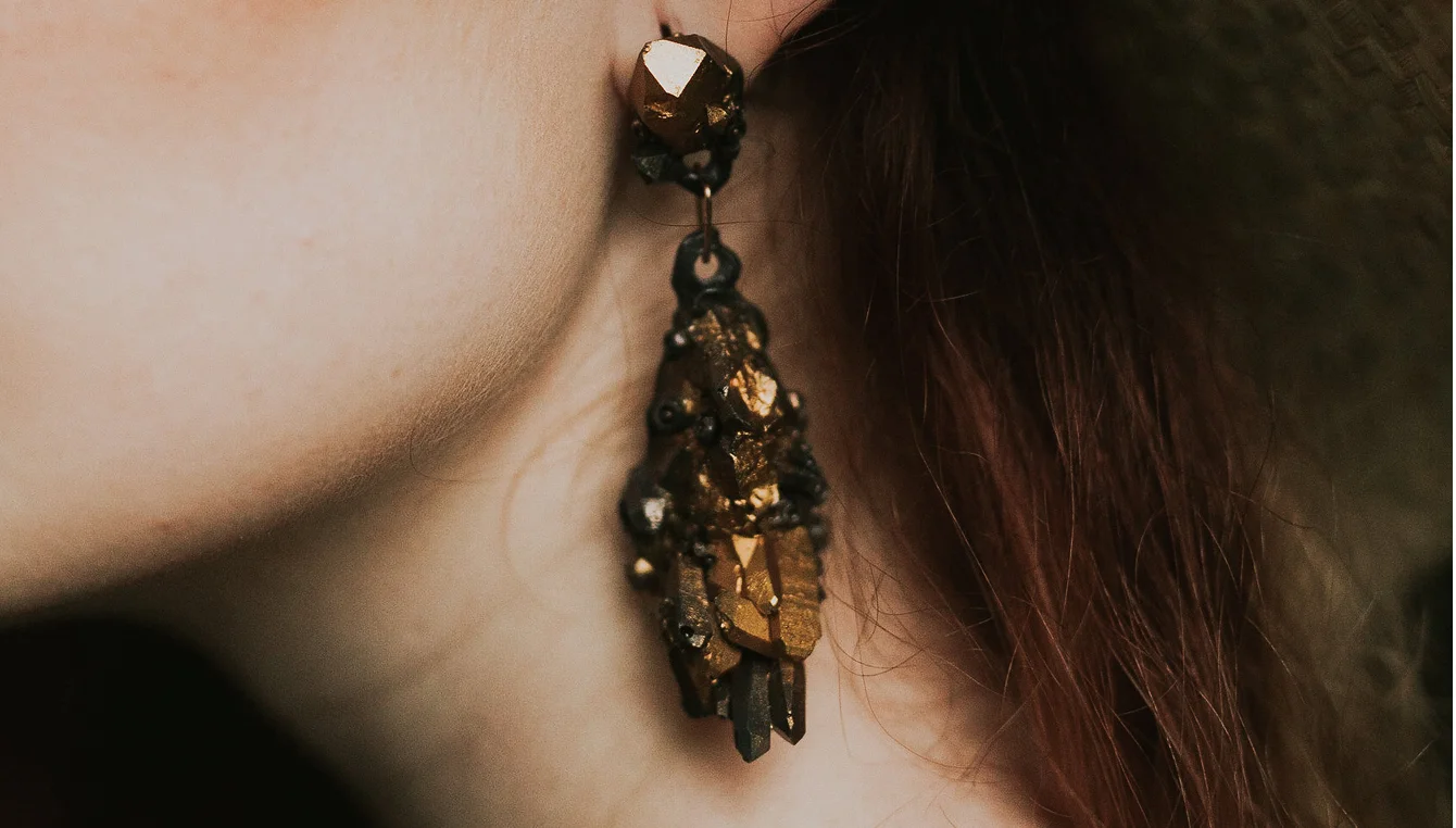 Chrysalis Drop earrings, debut Geo-Alchemy collection. Resin & rose gold. Styling: Cody Winward. Photography: Alana Taylor. Model: Taylia Jordan.
