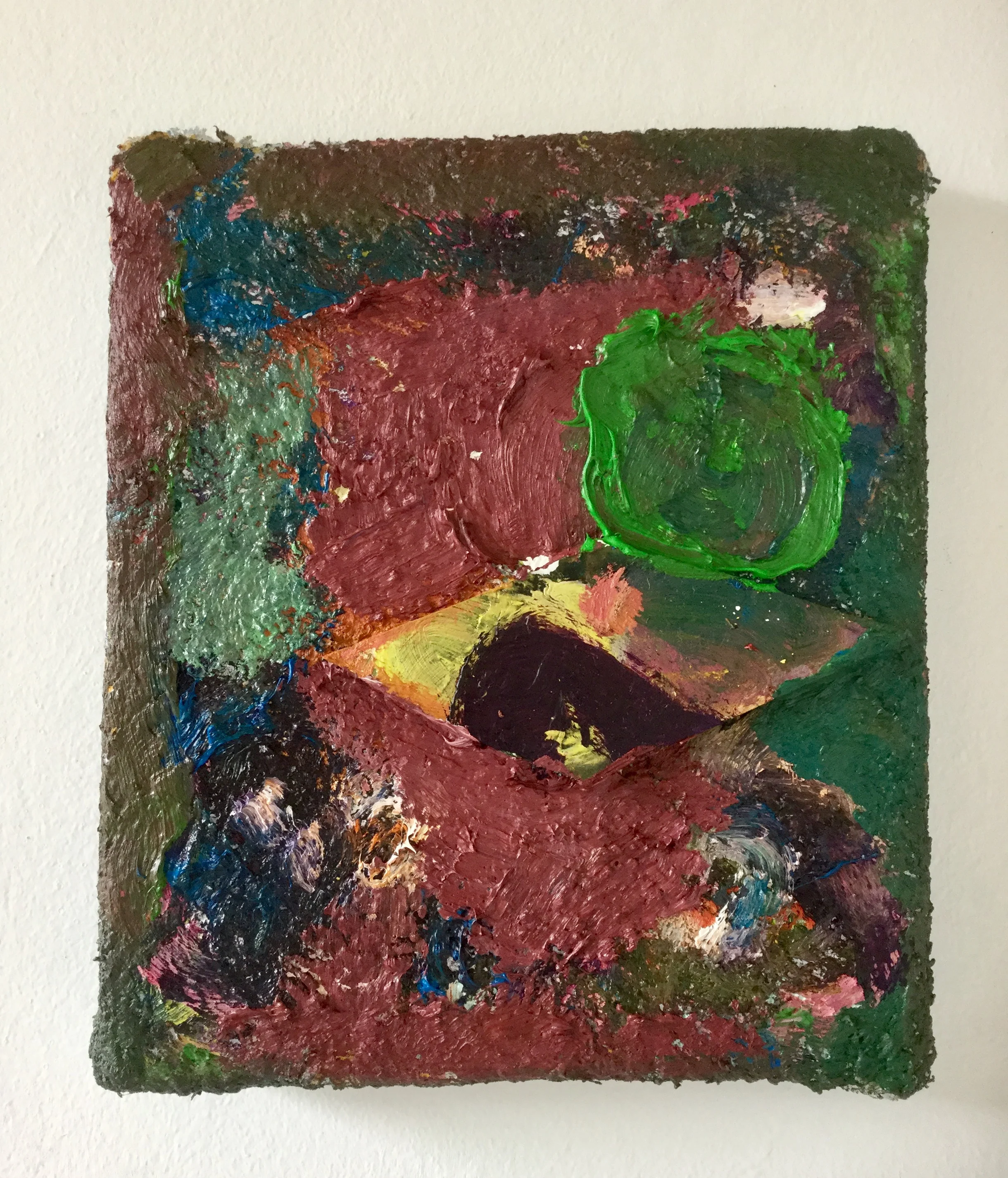 the bang in the gang, oil and wood on fabric, 24cm x 27cm. 2018