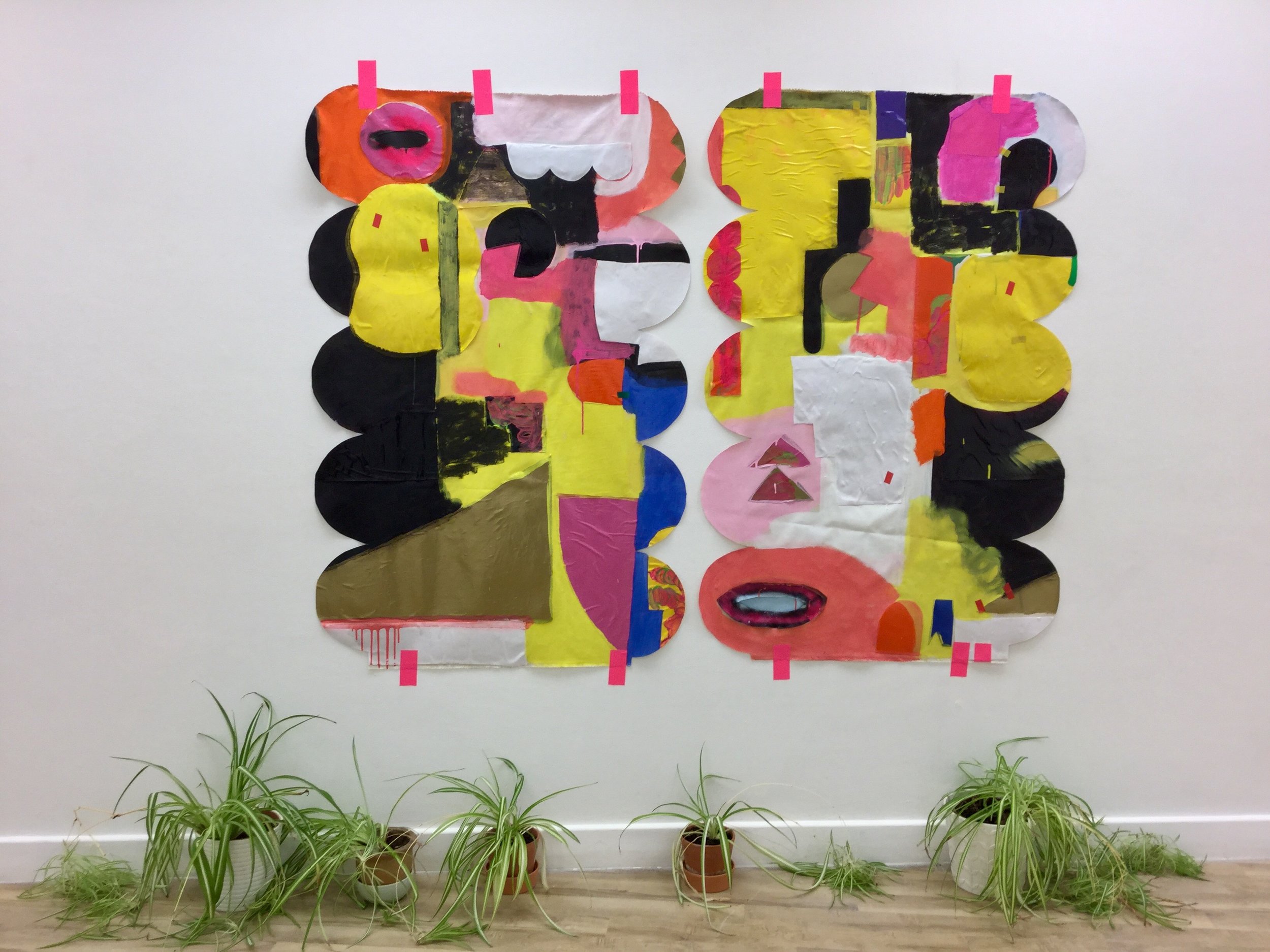 Witchcraft for club kids, mixed media on canvas with spider plants, 2017