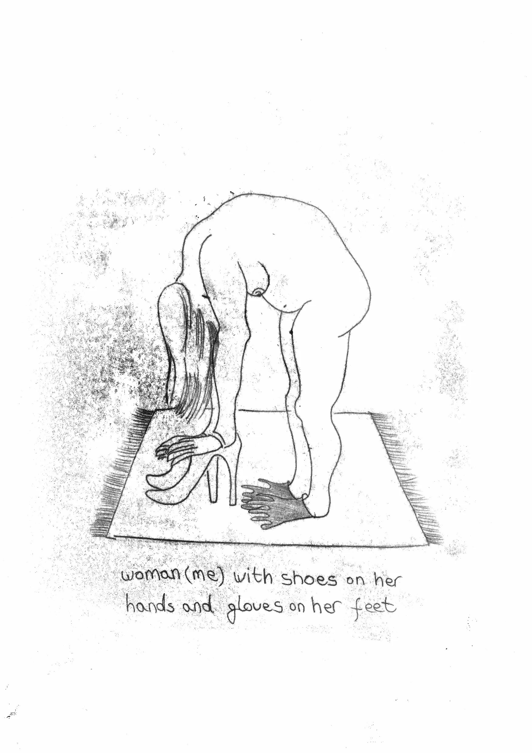 woman (me) with shoes on her hands and gloves on her feet. mono print on paper. 21cm x 30cm. 2019