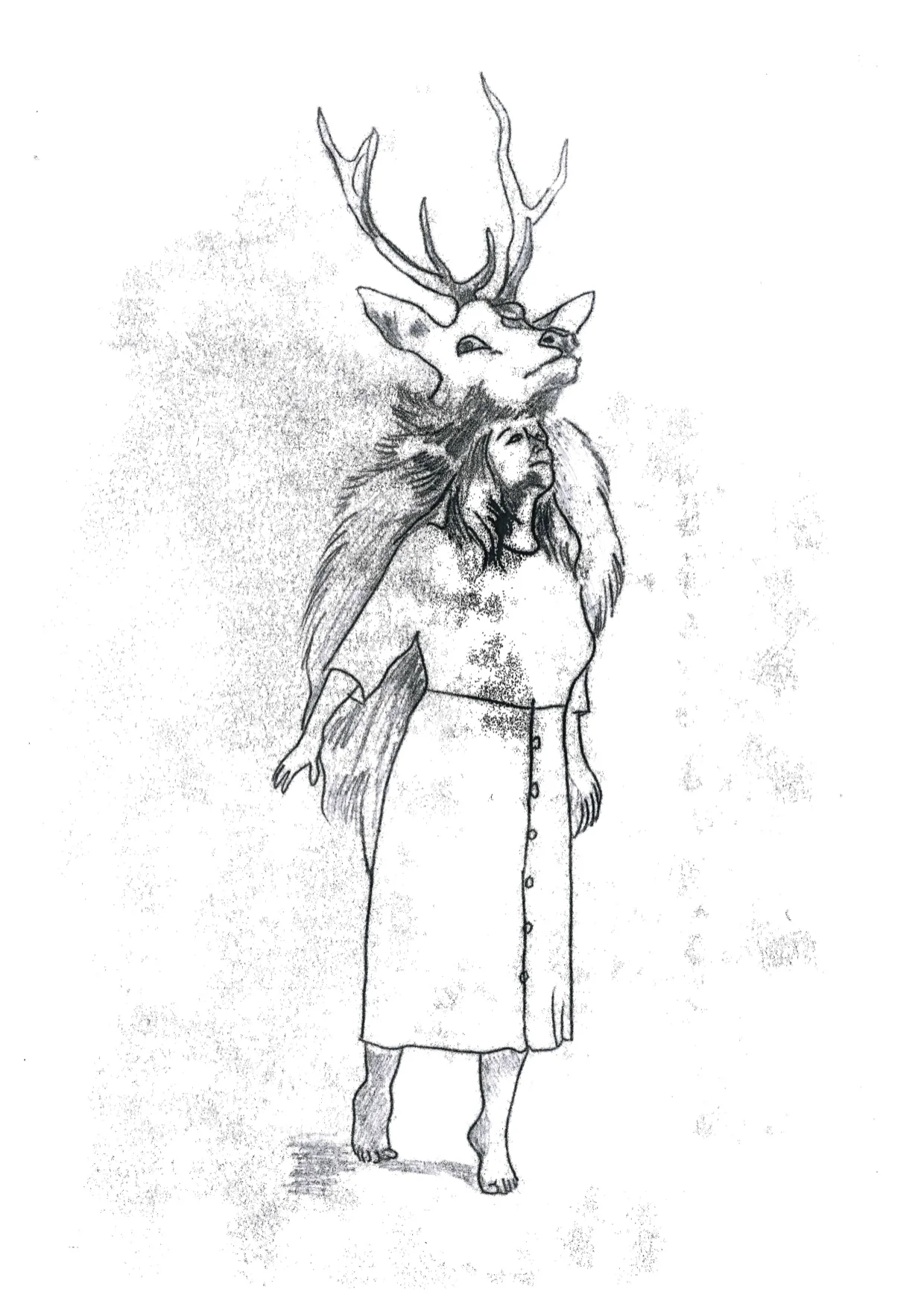 woman (me) becoming a stag. mono print on paper. 2019