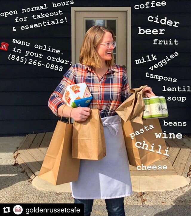 Stock up on cider and food and stay home for a while. We will get through this together. Repost: @goldenrussetcafe
・・・
I&rsquo;m smiling because we&rsquo;re gonna be ok. We&rsquo;re offering takeout only, normal hours Thurs-Mon 8-3. Check our menu on