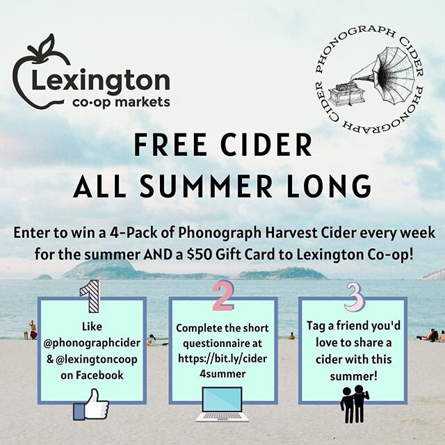 Giveaway alert! Are you in the Buffalo, NY area and want to enjoy FREE cider all summer long? Enter our giveaway with Lexington Co-op! Here's how to enter:⁣
⁣
1. Like Phonograph Cider AND Lexington Co-op page on Facebook.⁣
⁣
2. Complete a short quest