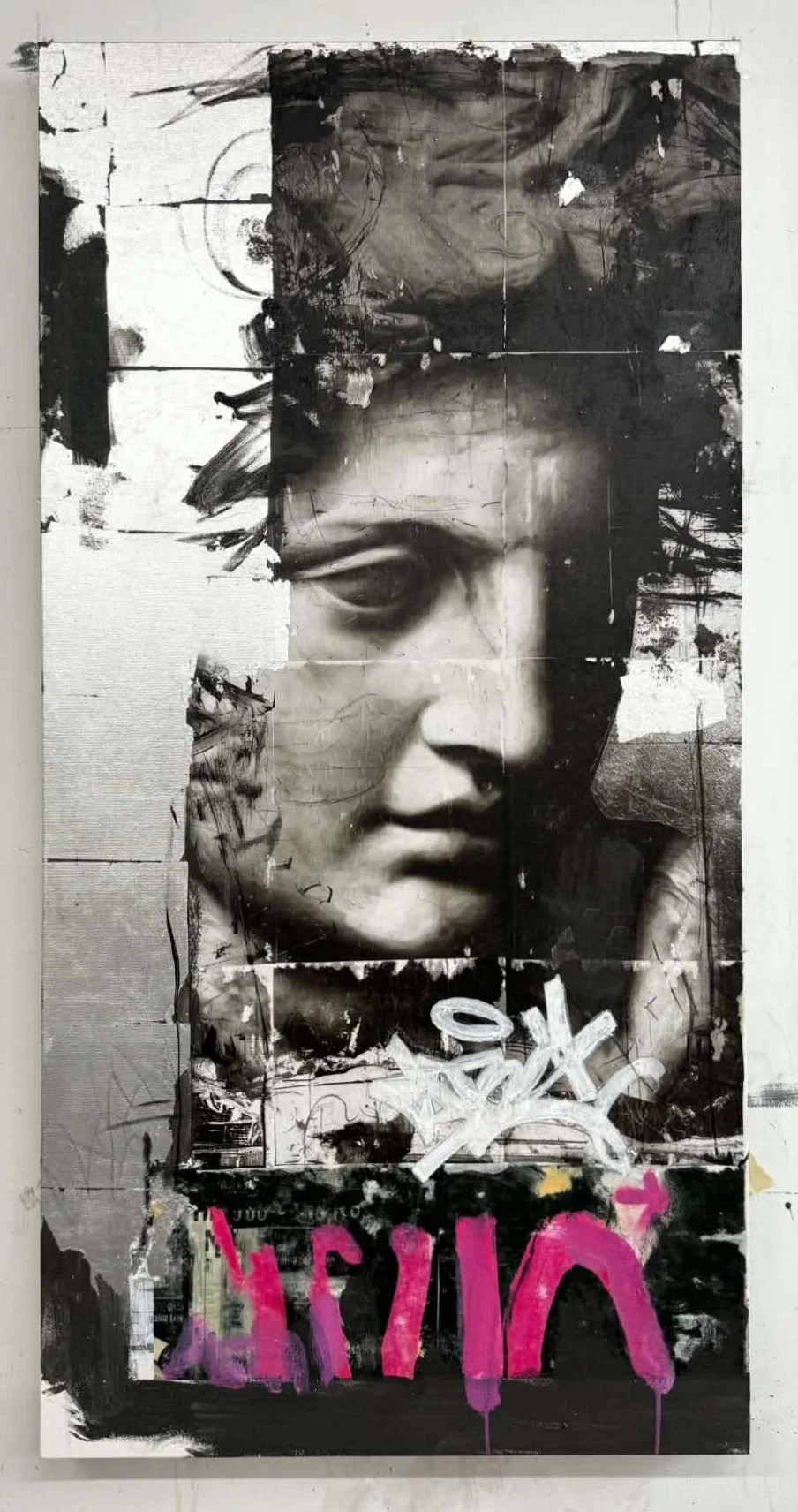 Original 24 × 48-inch mixed-media painting of a classical face with distressed black-and-white collage, metallic leaf, and expressive pink graffiti.