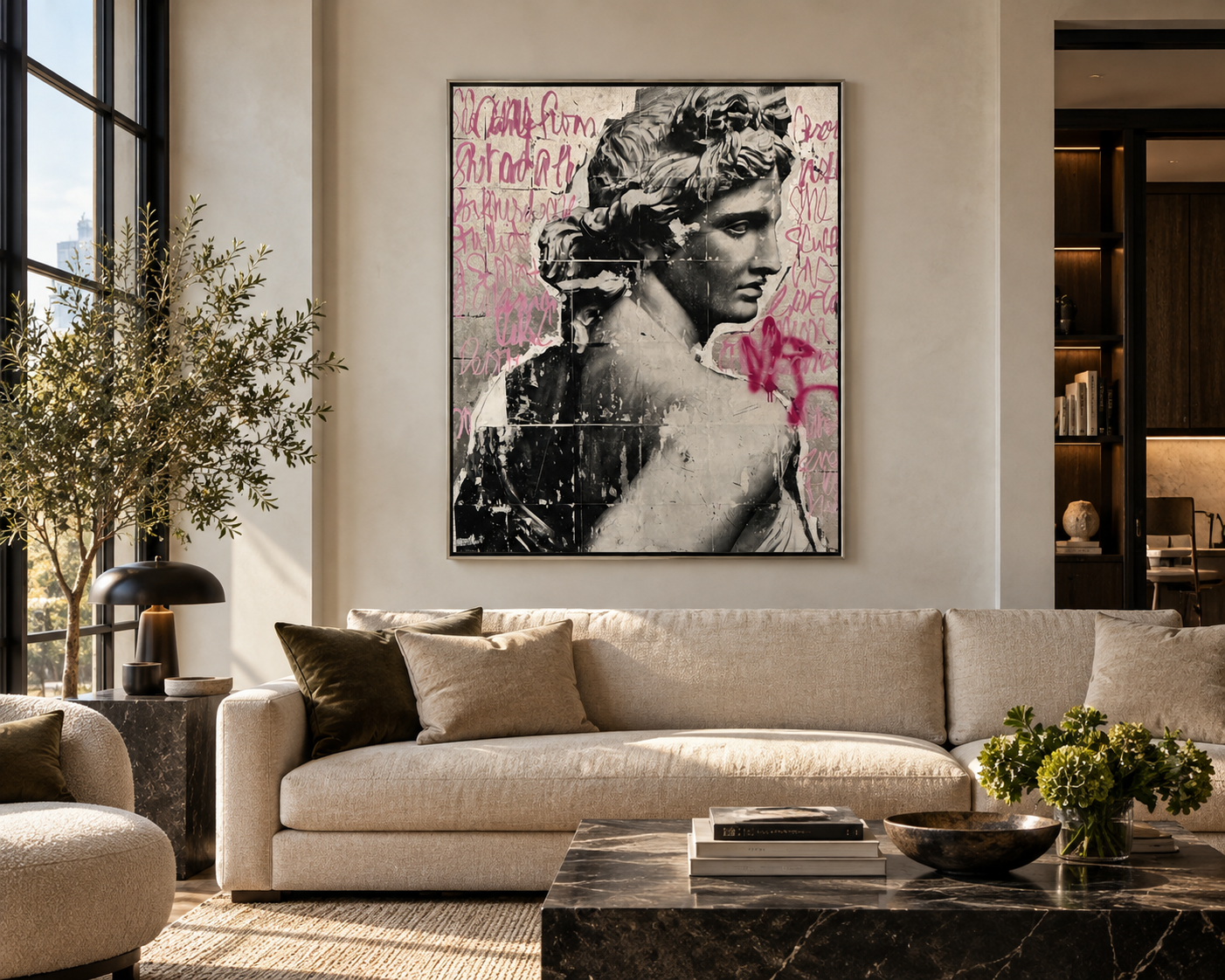 Large black-and-white mixed-media painting of a classical Greco-Roman figure with pink handwritten graffiti