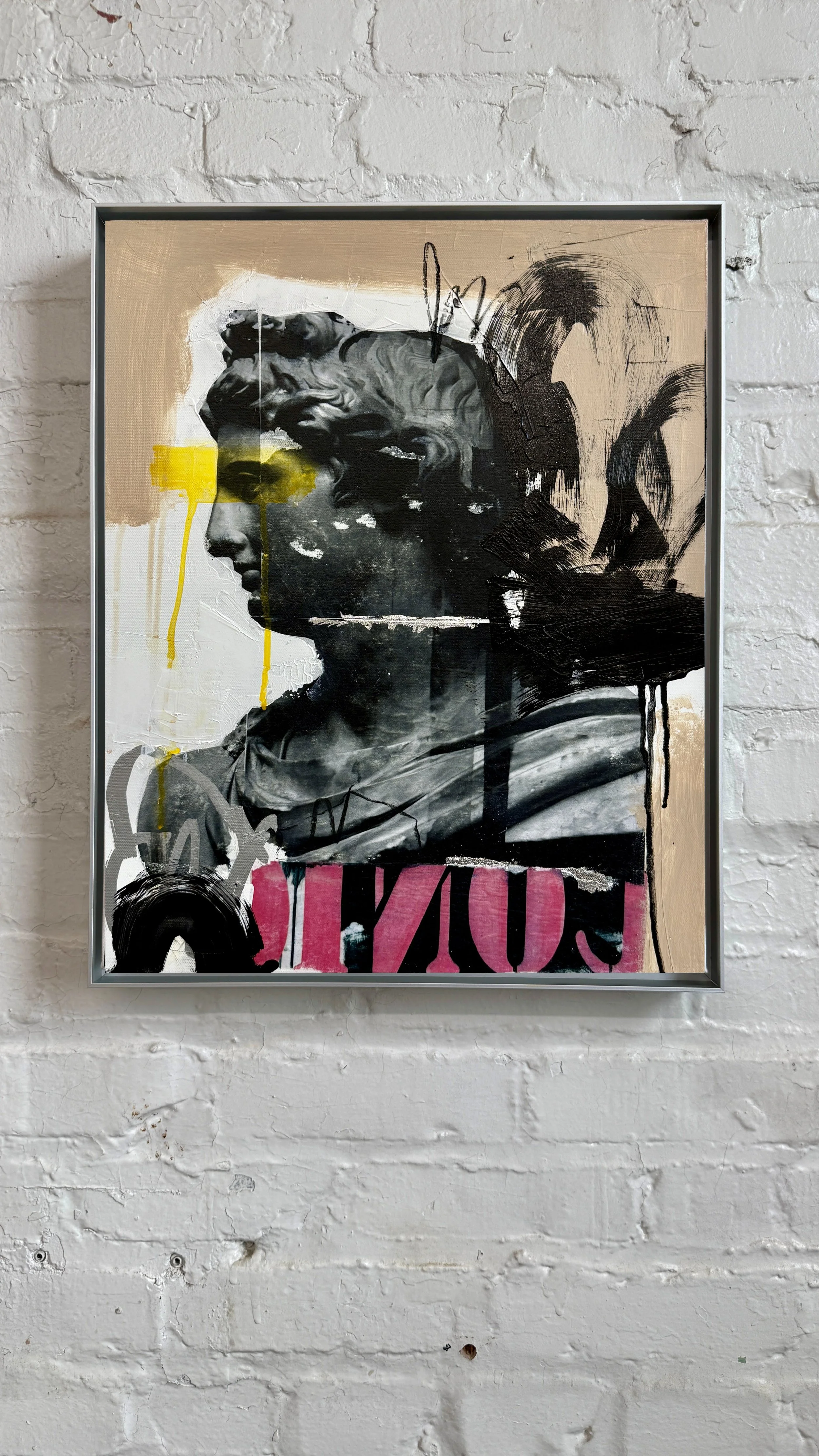 Classical male portrait with pink graffiti, smiley face and urban collage by Susan Washington