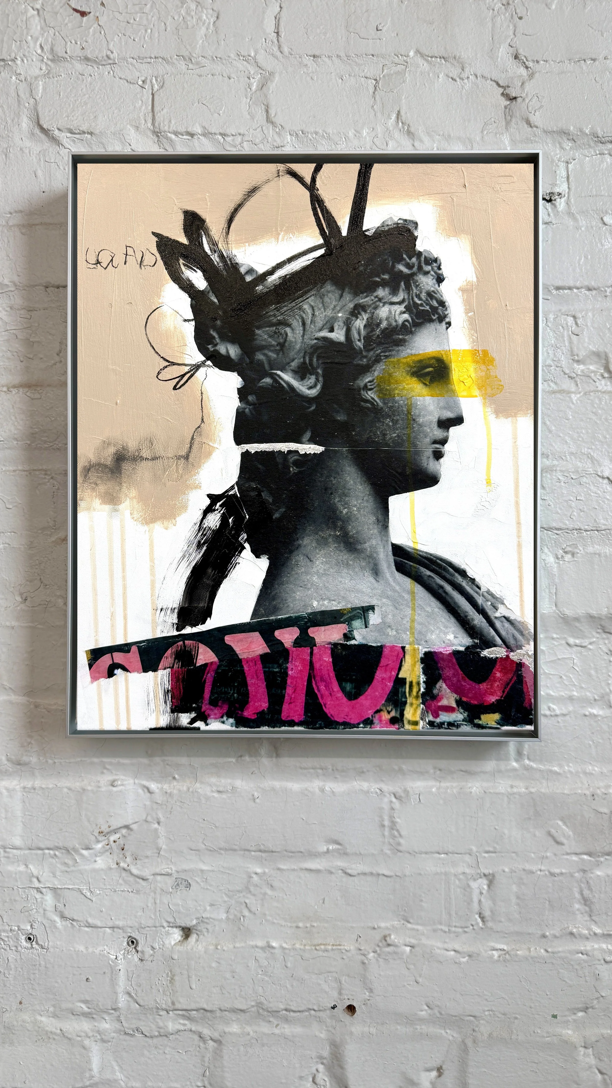 Classical female portrait with pink graffiti and subway collage, original mixed-media painting by Susan Washington