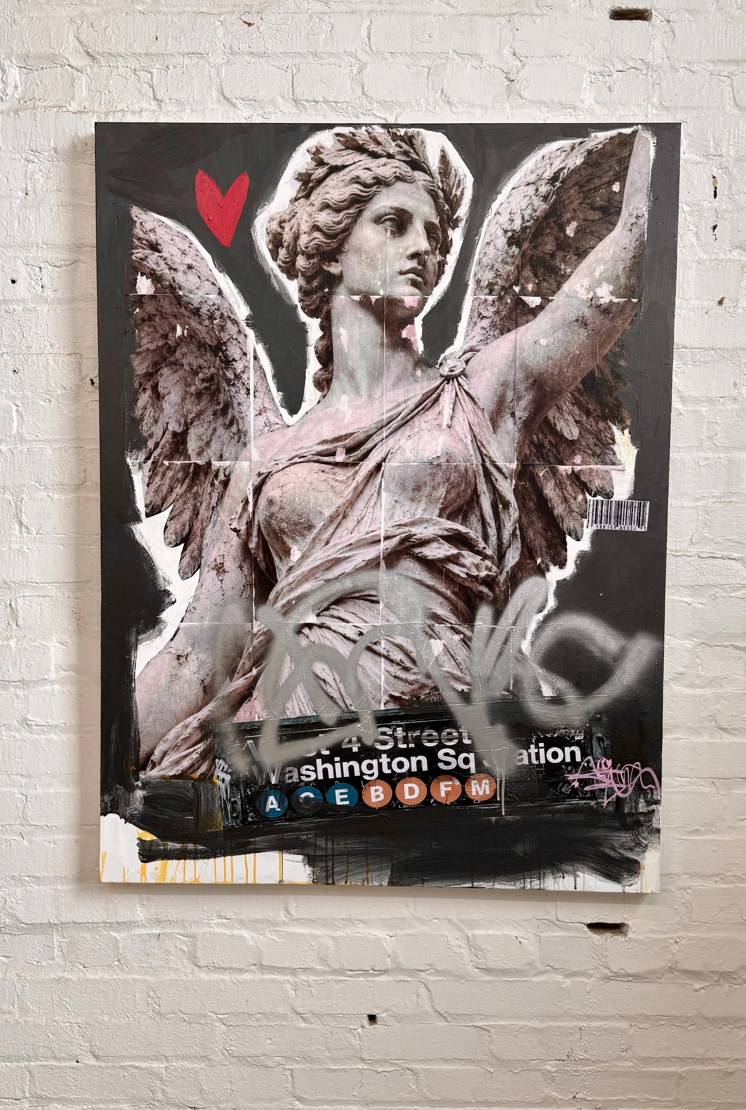 Original mixed-media painting of a classical winged female figure with black graffiti, red heart, and New York subway signage by Susan Washington.