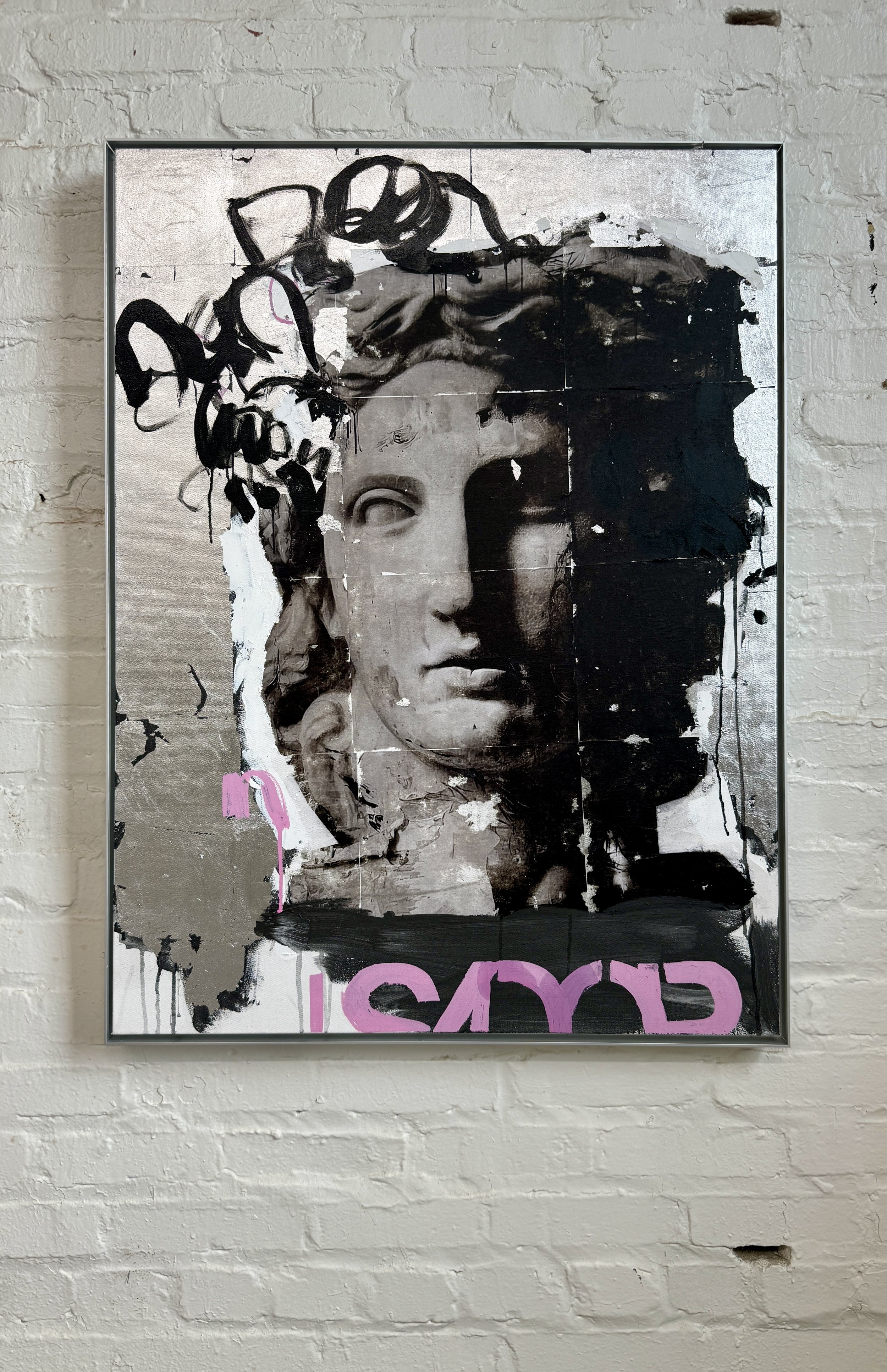 Original contemporary figurative mixed-media painting featuring a classical sculptural face, textured silver leaf, expressive black graffiti marks and pink typography, by Susan Washington.