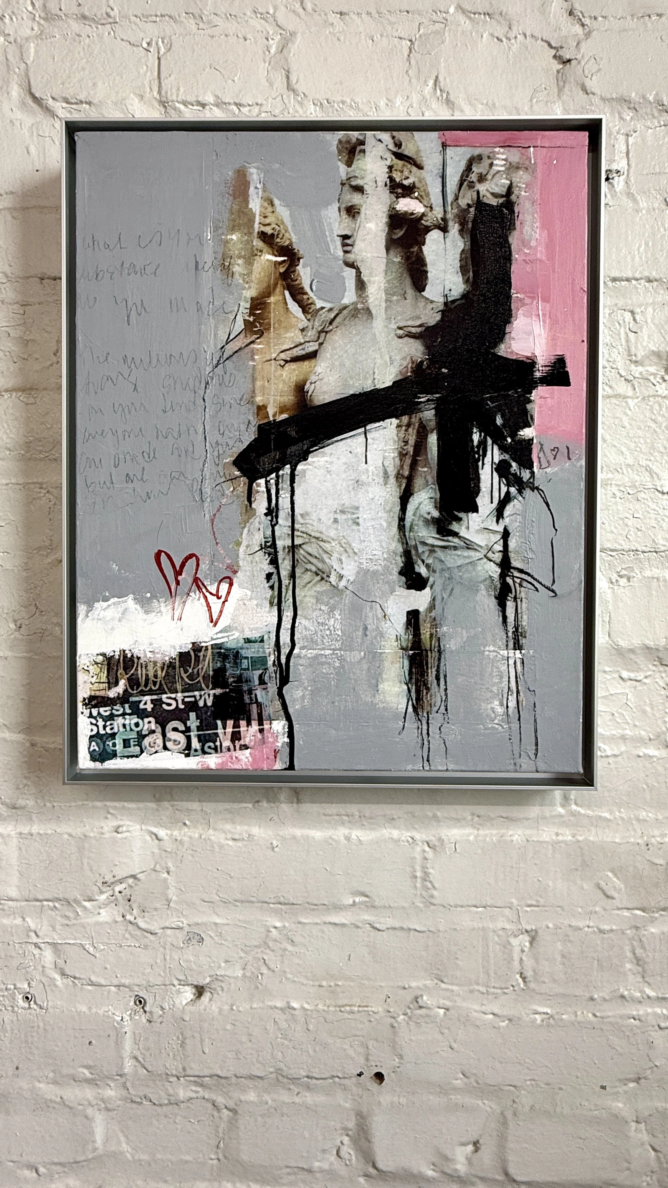 Original mixed-media painting of three classical female figures with bold black brushstrokes, pink accents, handwritten graffiti, and a red heart by Susan Washington.
