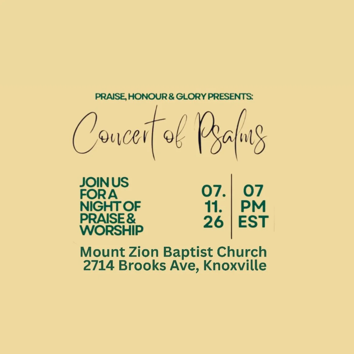 Join us as we plan to attend Mount Zion Baptist Church&lsquo;s &ldquo;Concert of Psalms&rdquo; 🙌

The Concert of Psalms is going to be a powerful evening of worship and reflection through music. 

This unique concert brings the timeless words of the