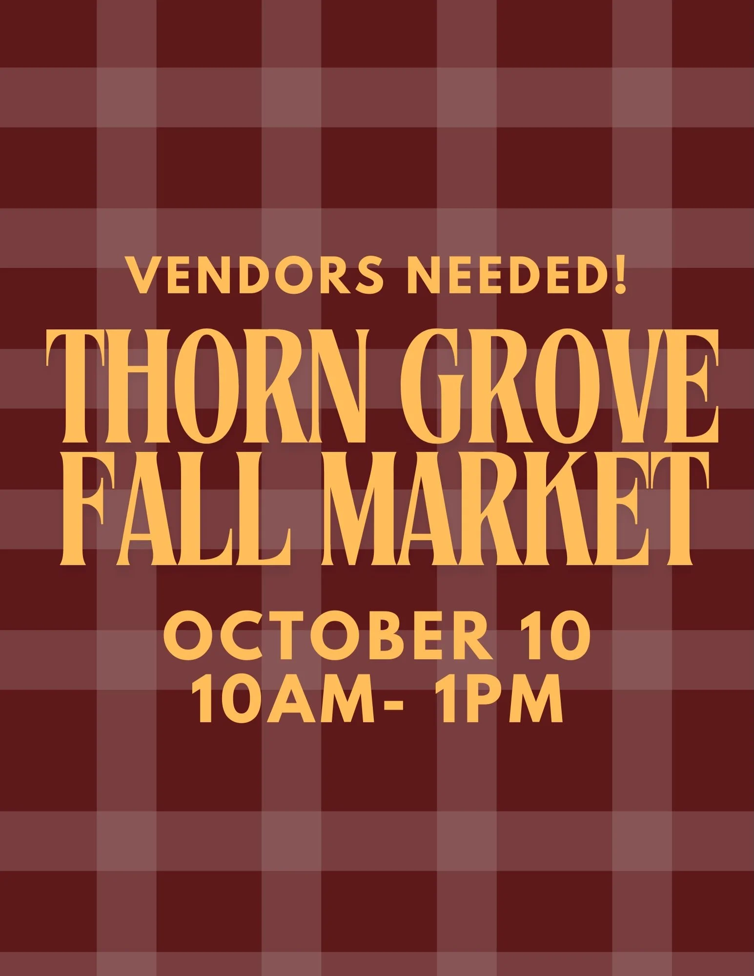 VENDORS NEEDED! 📣📣📣

We are so happy to announce the date for the Thorn Grove Fall Market!! Mark your calendars for 👉October 10th, 10am - 1pm! 

The vendor application link is now open for any 2026 vendors and is located in our bio!!! From local 