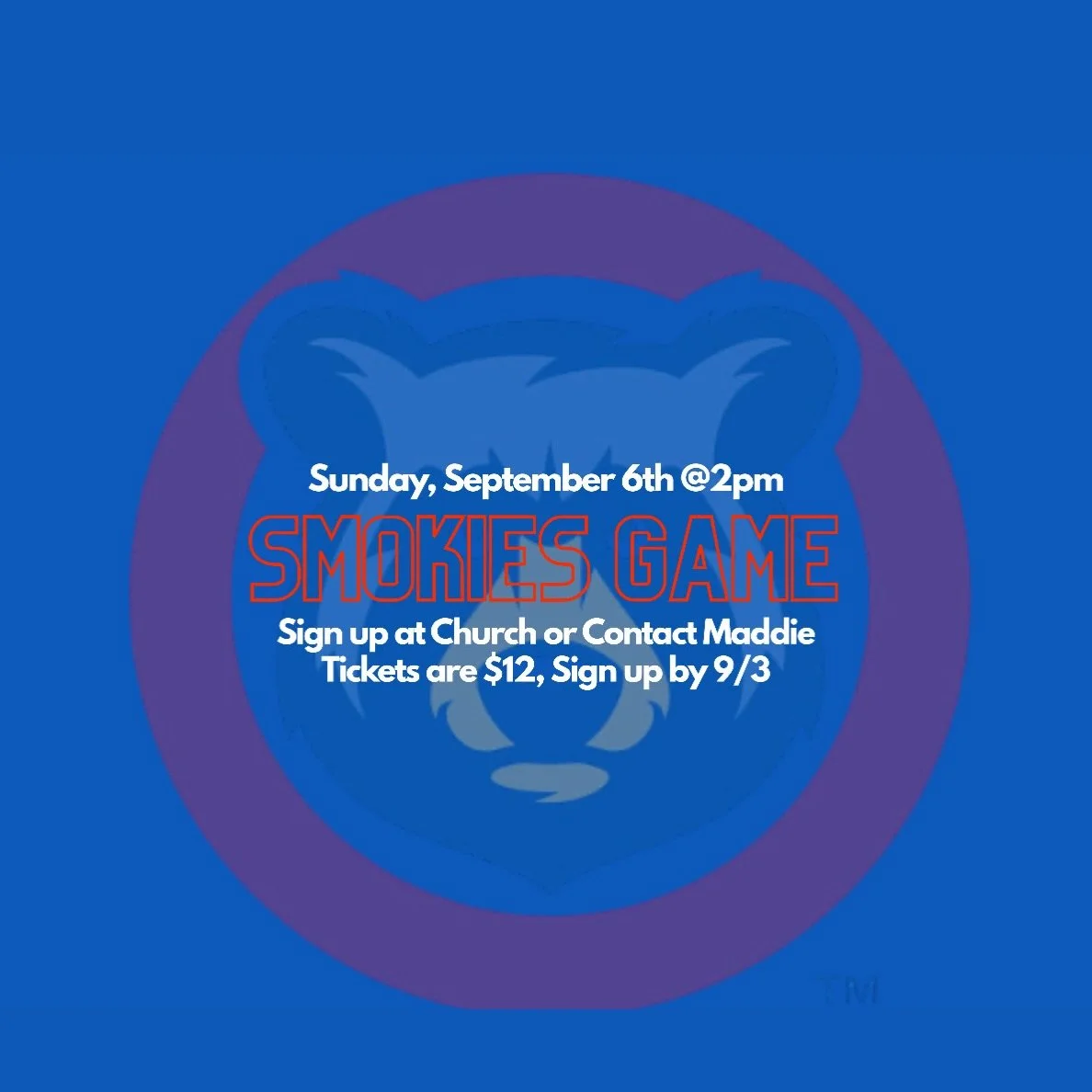 LETS GO, SMOKIES 🐻💙⚾️❤️

Thorn Grove is going to Smoky&rsquo;s Stadium for a baseball game at 2 PM on September 6th! Tickets will be $12, but you have sign up before 9/3! Sign ups are available in person at church but contact Maddie if you are unab