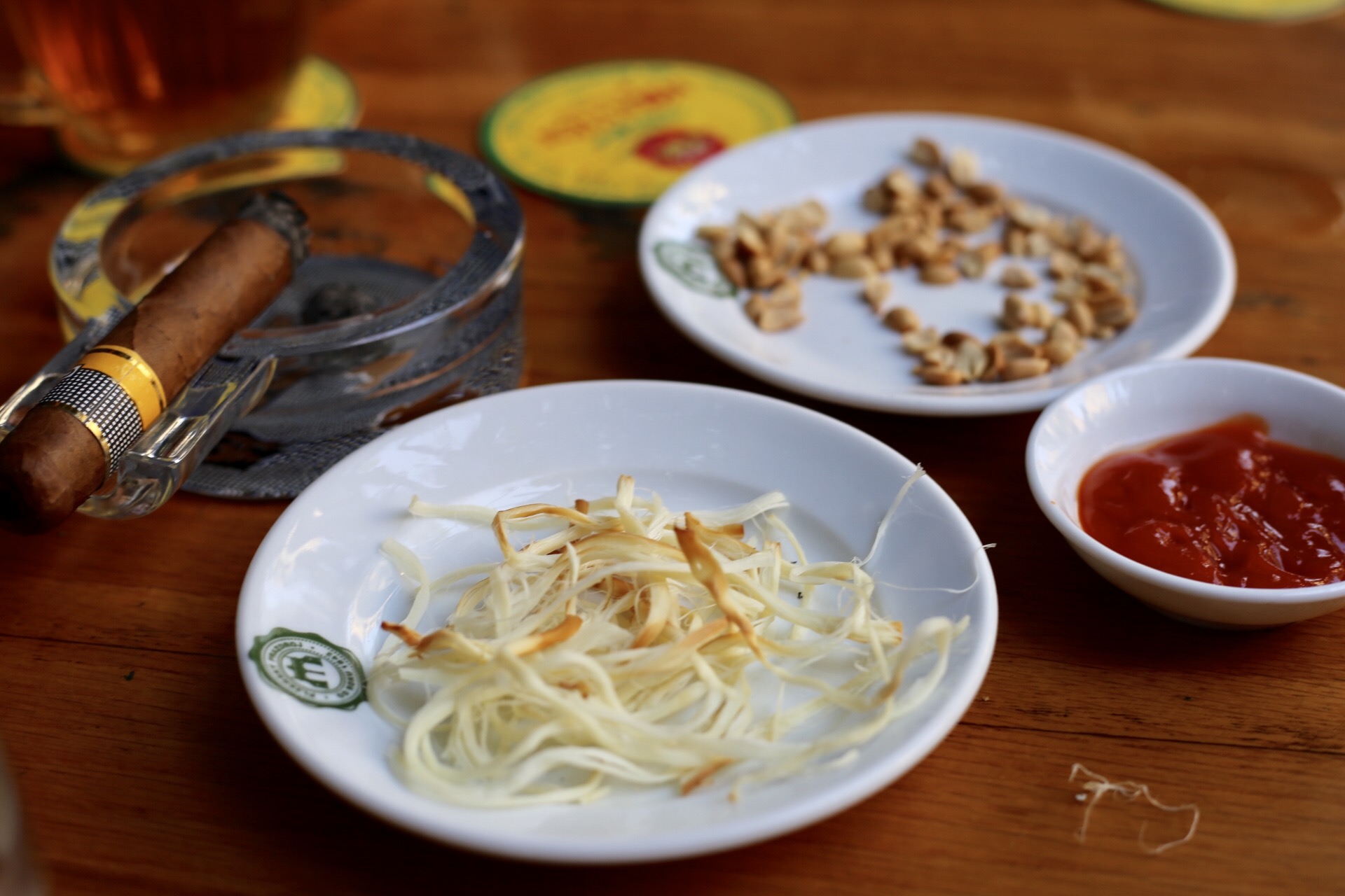 Drinking beer in Vietnam is always accompanied by beer snacks, typically salted peanuts. At Hoa Viên Brauhaus snacks were a perfect blend of Vietnamese and Czech. My favorite was this string cheese (?) that you dipped in hot sauce. FAN.