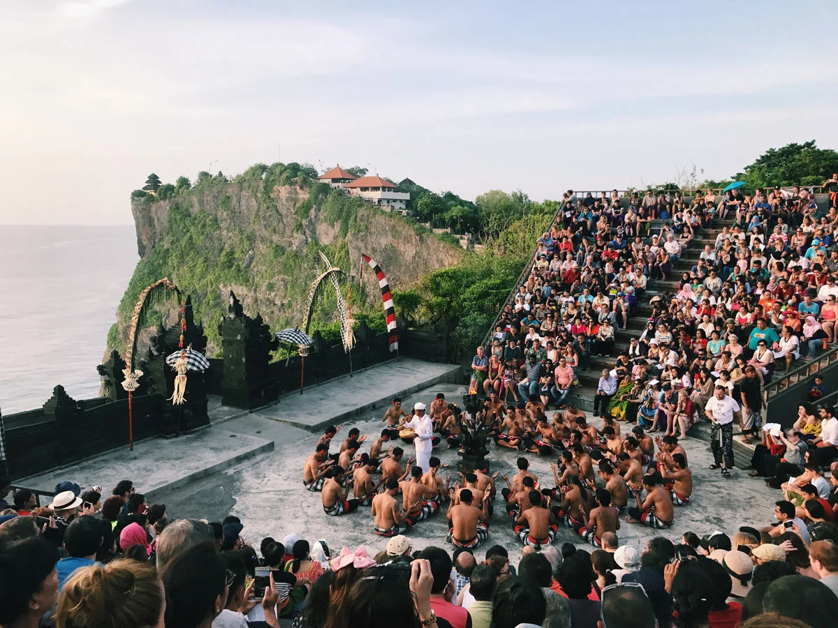 The kecak at Uluwatu at sunset: A choir of men chanting, telling, and singing the story of Rama, Sutra, and Ramahan in front of the gorgeous Uluwatu temple.