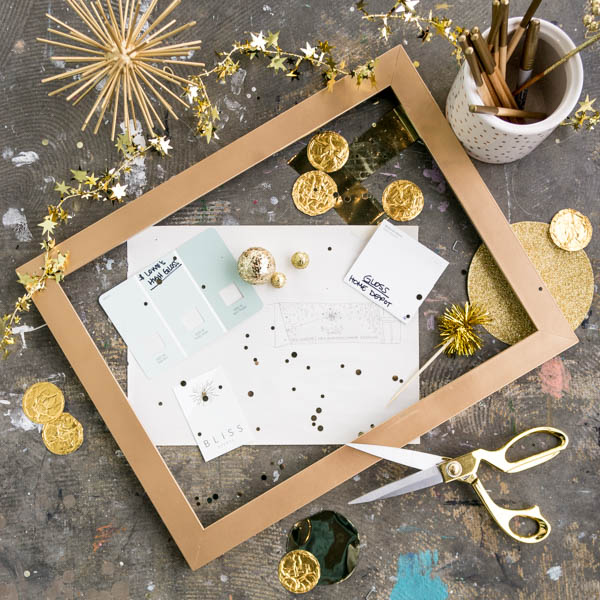 Gold bursts and confetti highlights against a pencil sketch, new logo and paint samples... this will be a totally new Bliss.