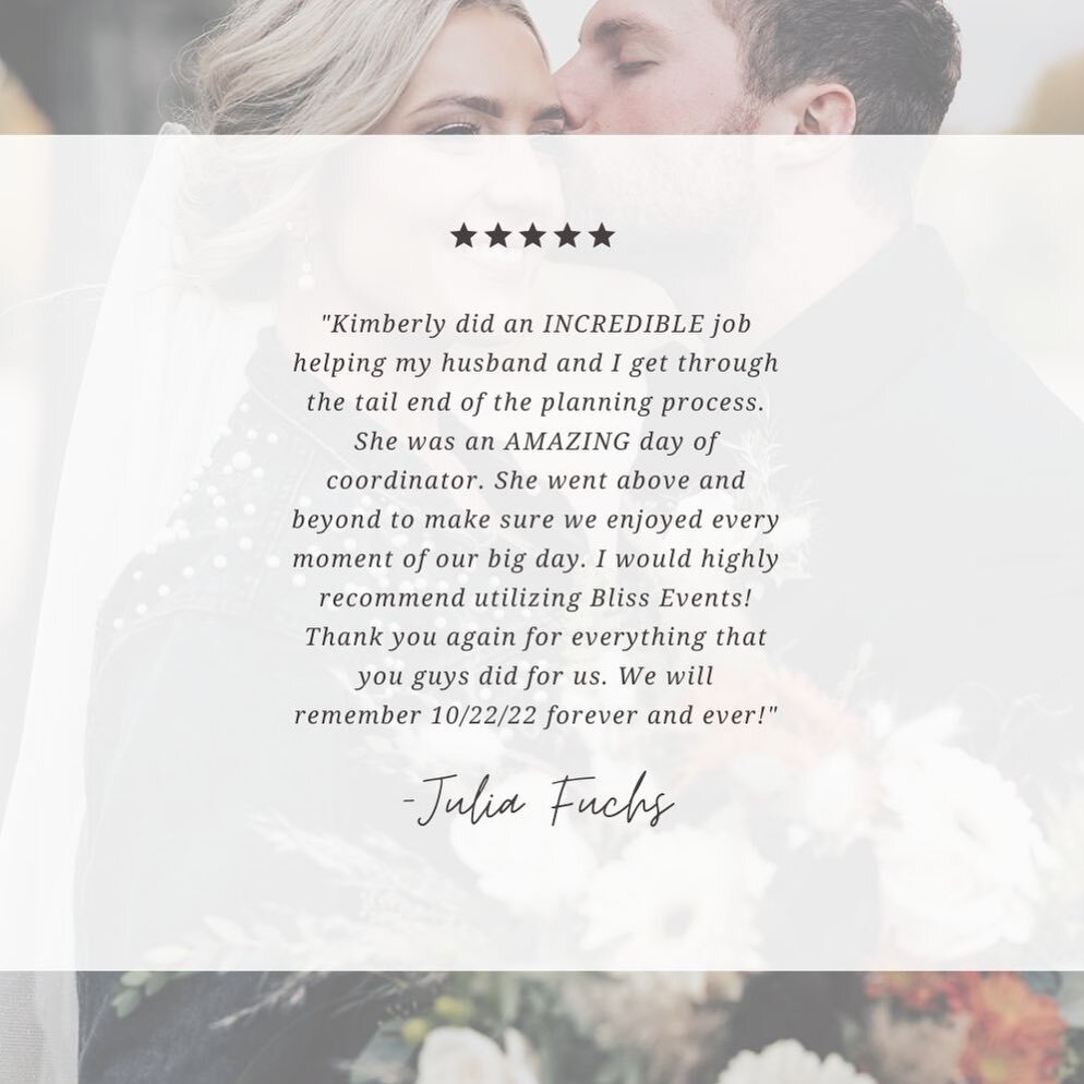 Thank you for the sweet words, Julia! 🥹 We LOVE that you were able to enjoy every minute of it. We strive to take the stress and worry away from our clients so they can truly be present and fully enjoy their special day! It was such a joy to be a pa