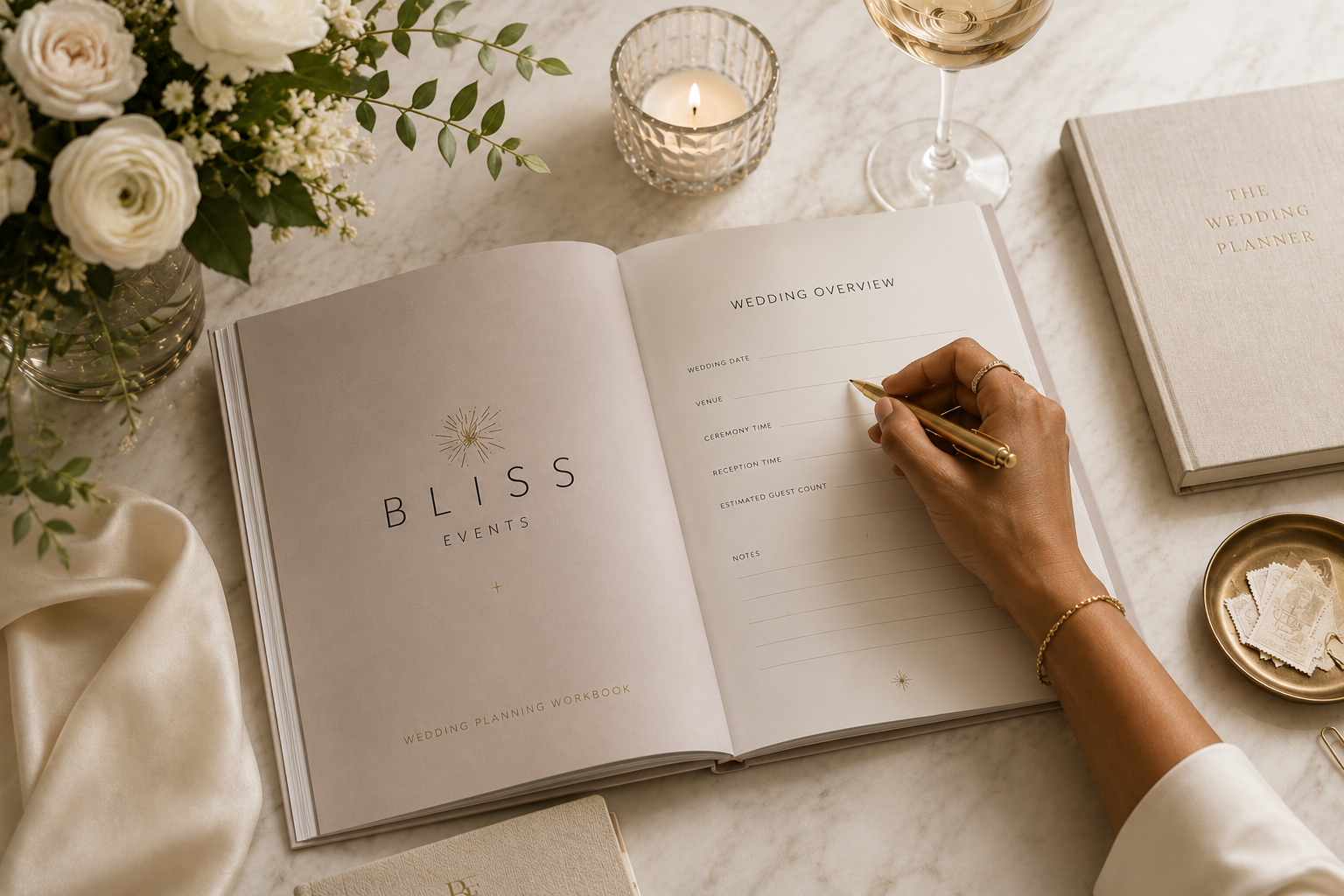 Open wedding planning workbook on a table with a person writing in it, surrounded by flowers, a lit candle, a glass of white wine, and a book titled 'The Wedding Planner'.